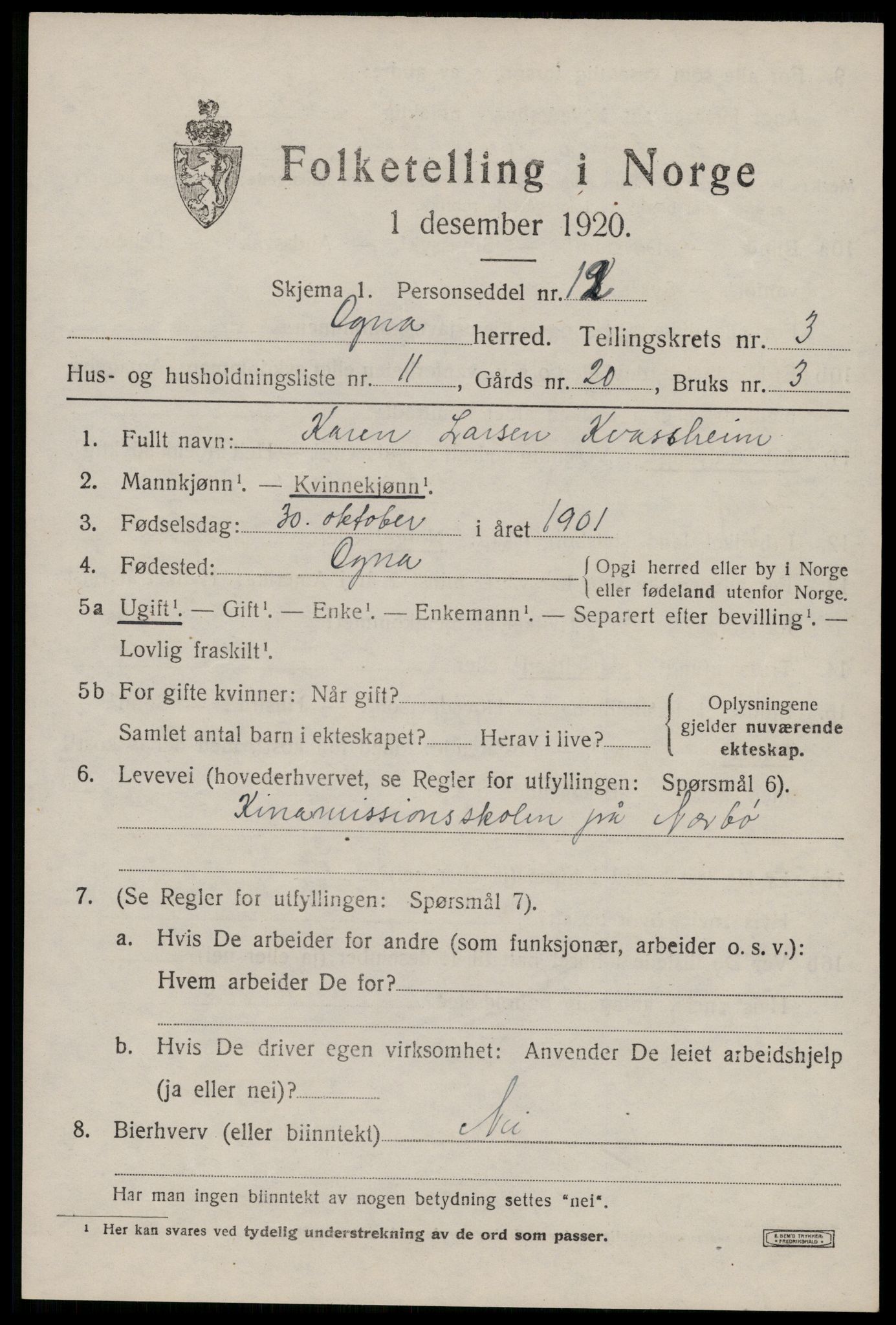 SAST, 1920 census for Ogna, 1920, p. 1903