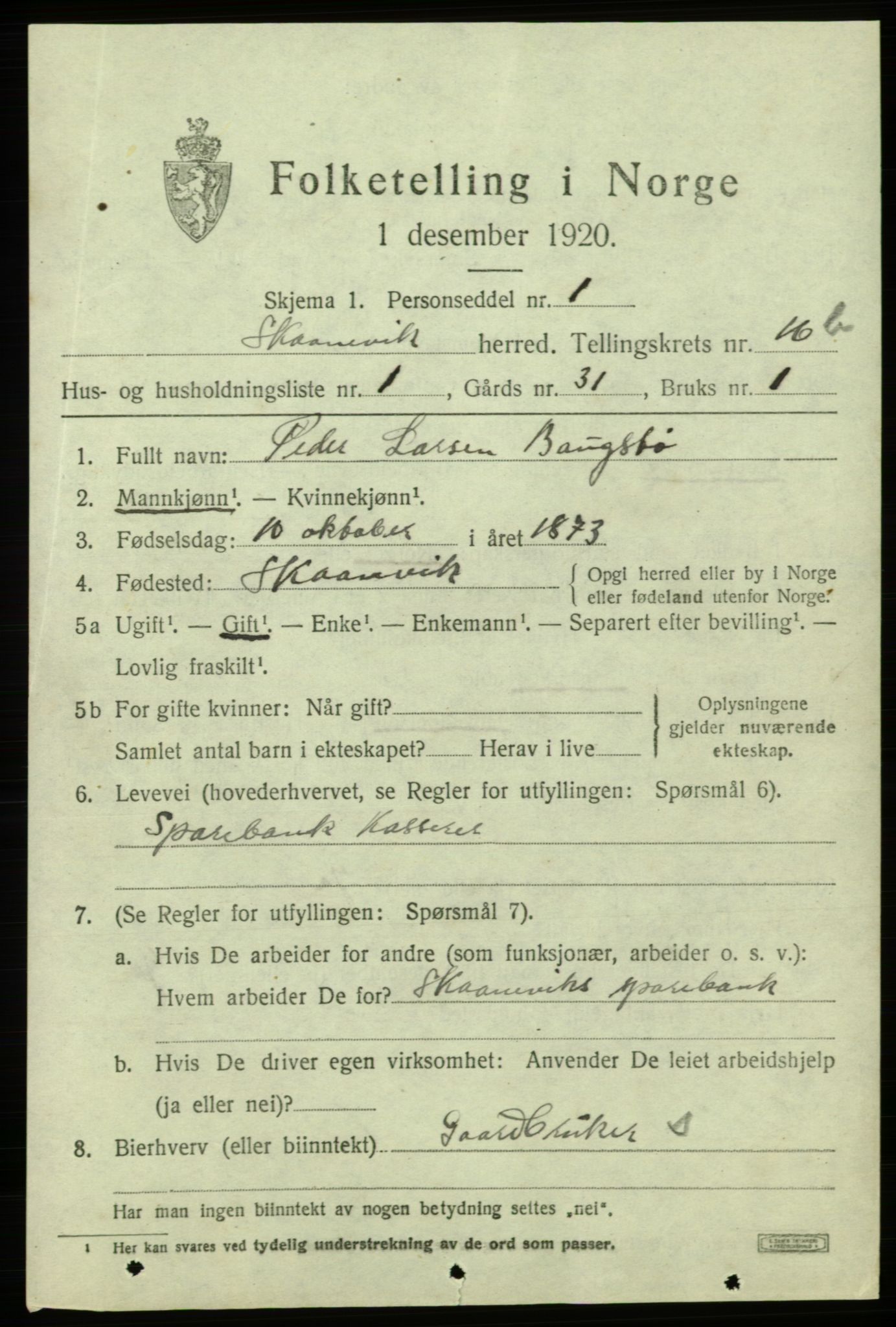 SAB, 1920 census for Skånevik, 1920, p. 6401