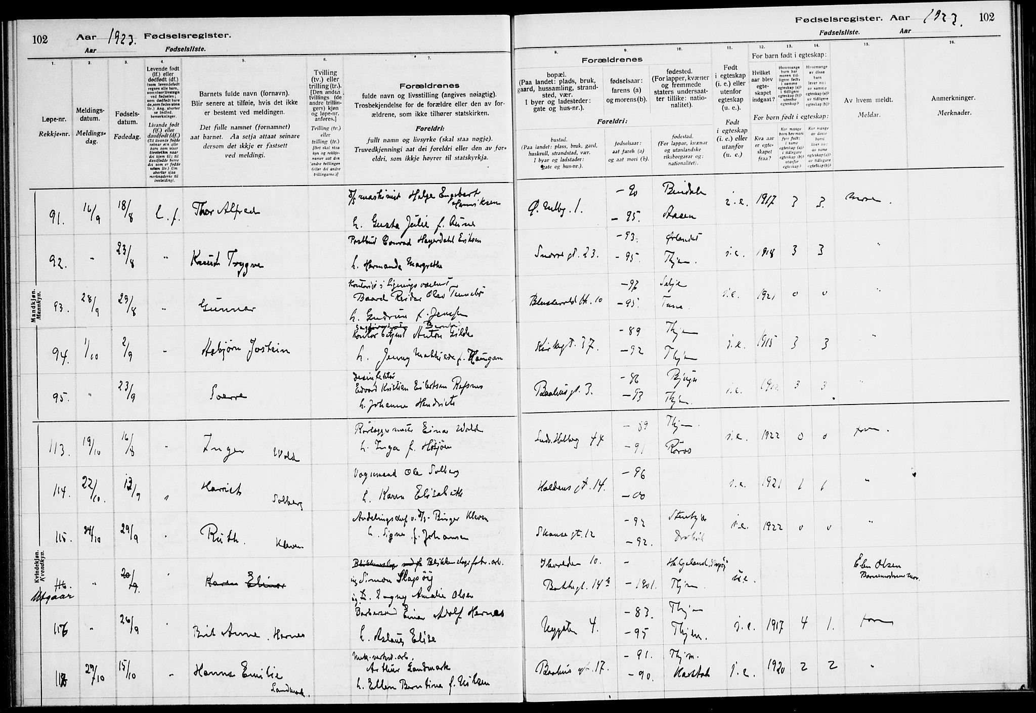 Ministerialprotokoller, klokkerbøker og fødselsregistre - Sør-Trøndelag, SAT/A-1456/604/L0233: Birth register no. 604.II.4.2, 1920-1928, p. 102