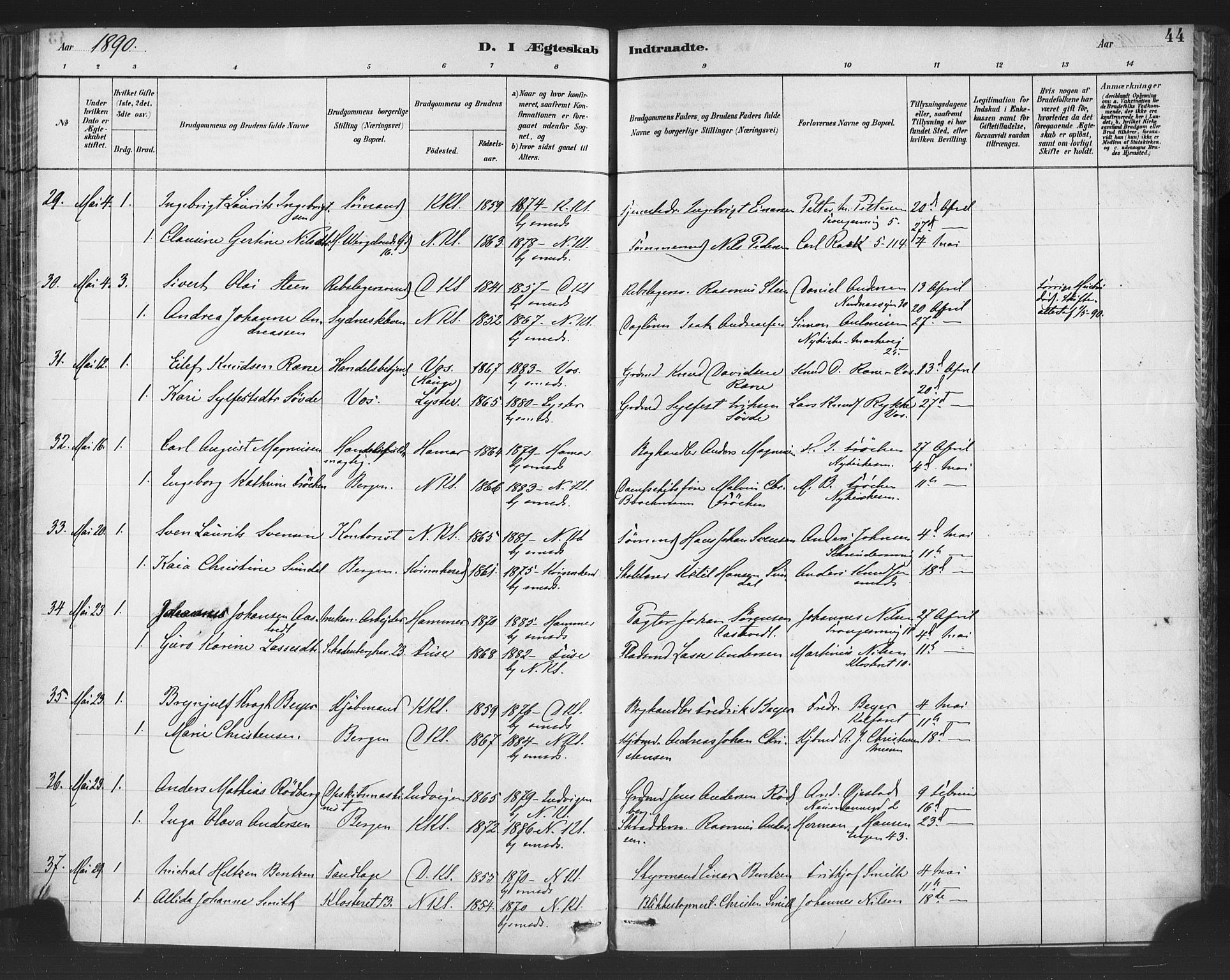 Nykirken Sokneprestembete, AV/SAB-A-77101/H/Haa/L0033: Parish register (official) no. D 3, 1884-1895, p. 44