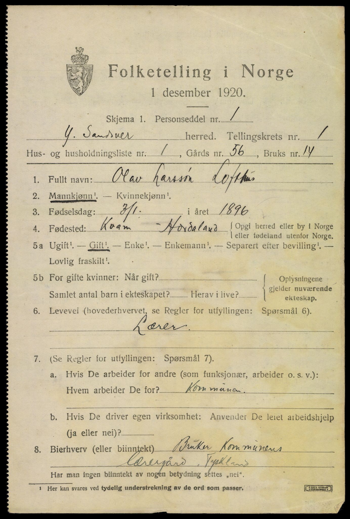 SAKO, 1920 census for Ytre Sandsvær, 1920, p. 1218