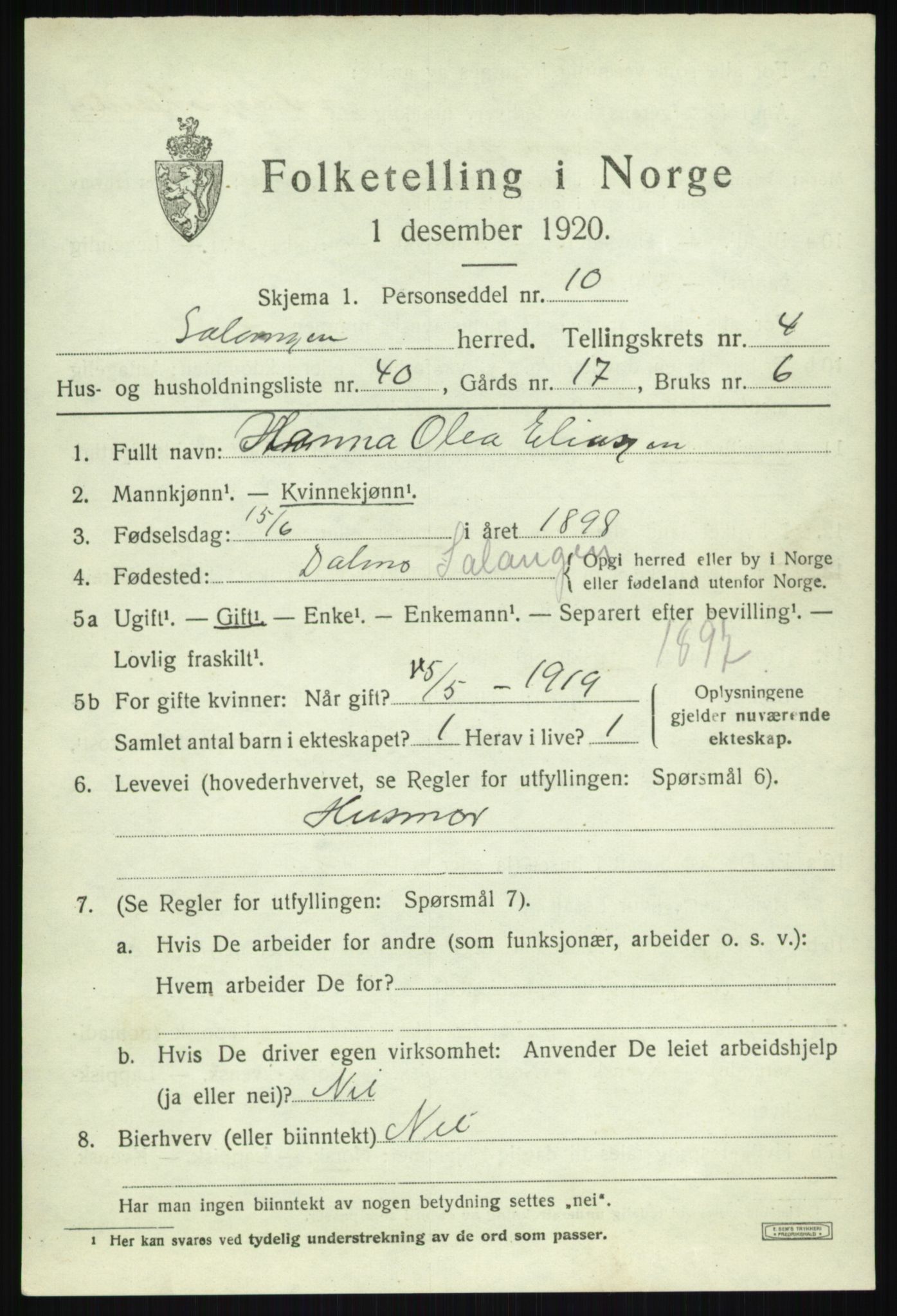 SATØ, 1920 census for Salangen, 1920, p. 2746