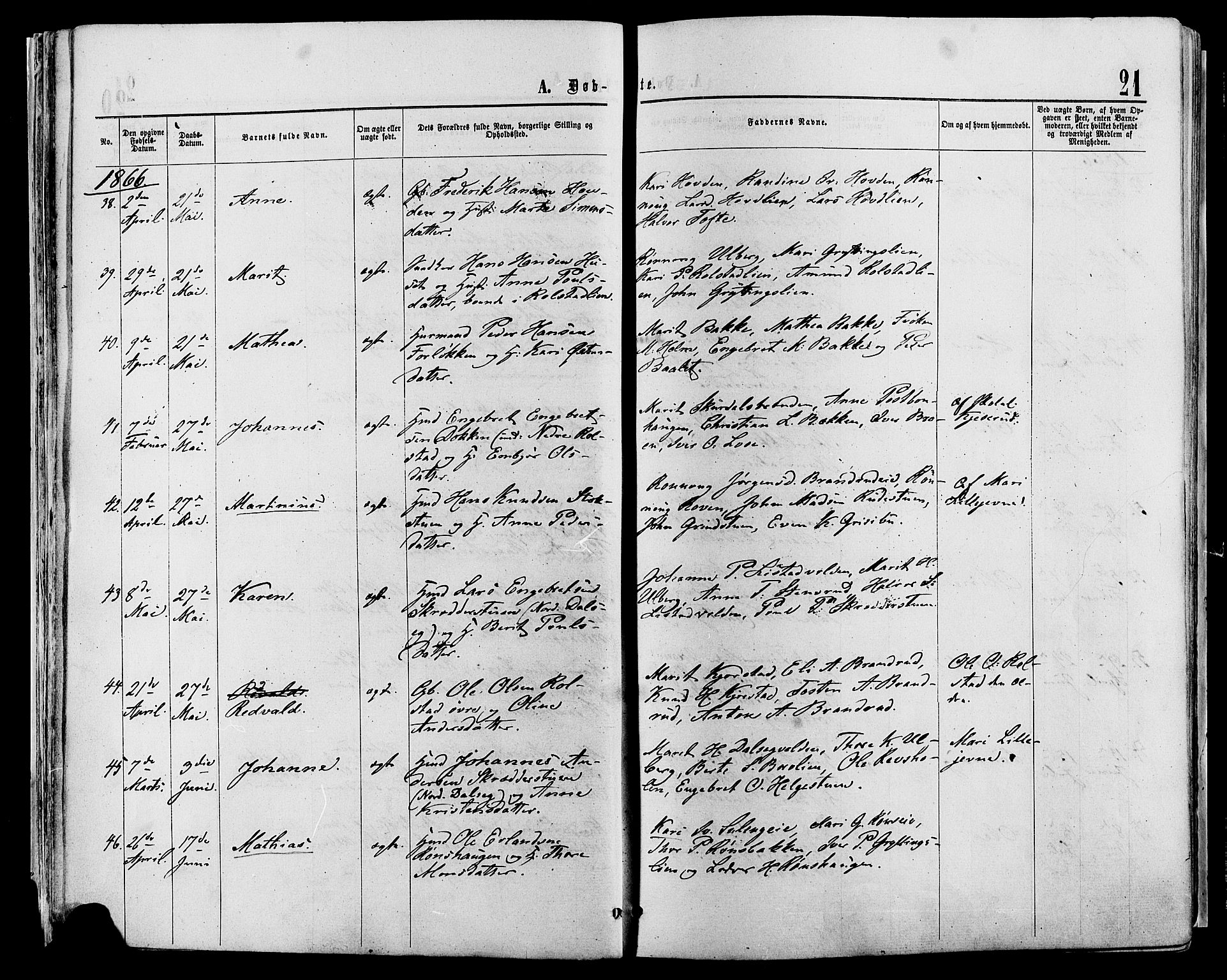 Sør-Fron prestekontor, AV/SAH-PREST-010/H/Ha/Haa/L0002: Parish register (official) no. 2, 1864-1880, p. 21