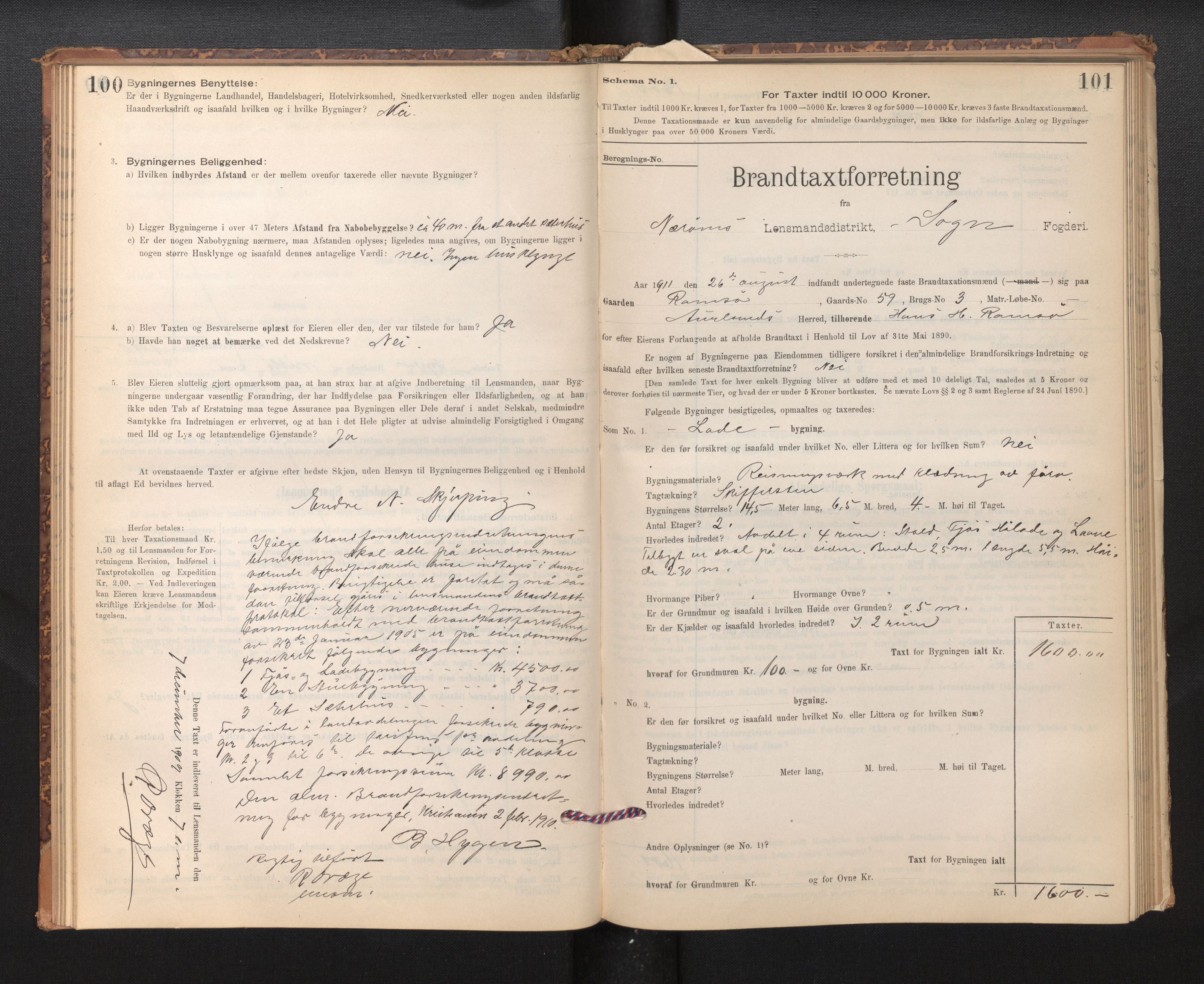 Lensmannen i Nærøy, AV/SAB-A-29601/0012/L0002: Branntakstprotokoll, 1896-1912, p. 100-101