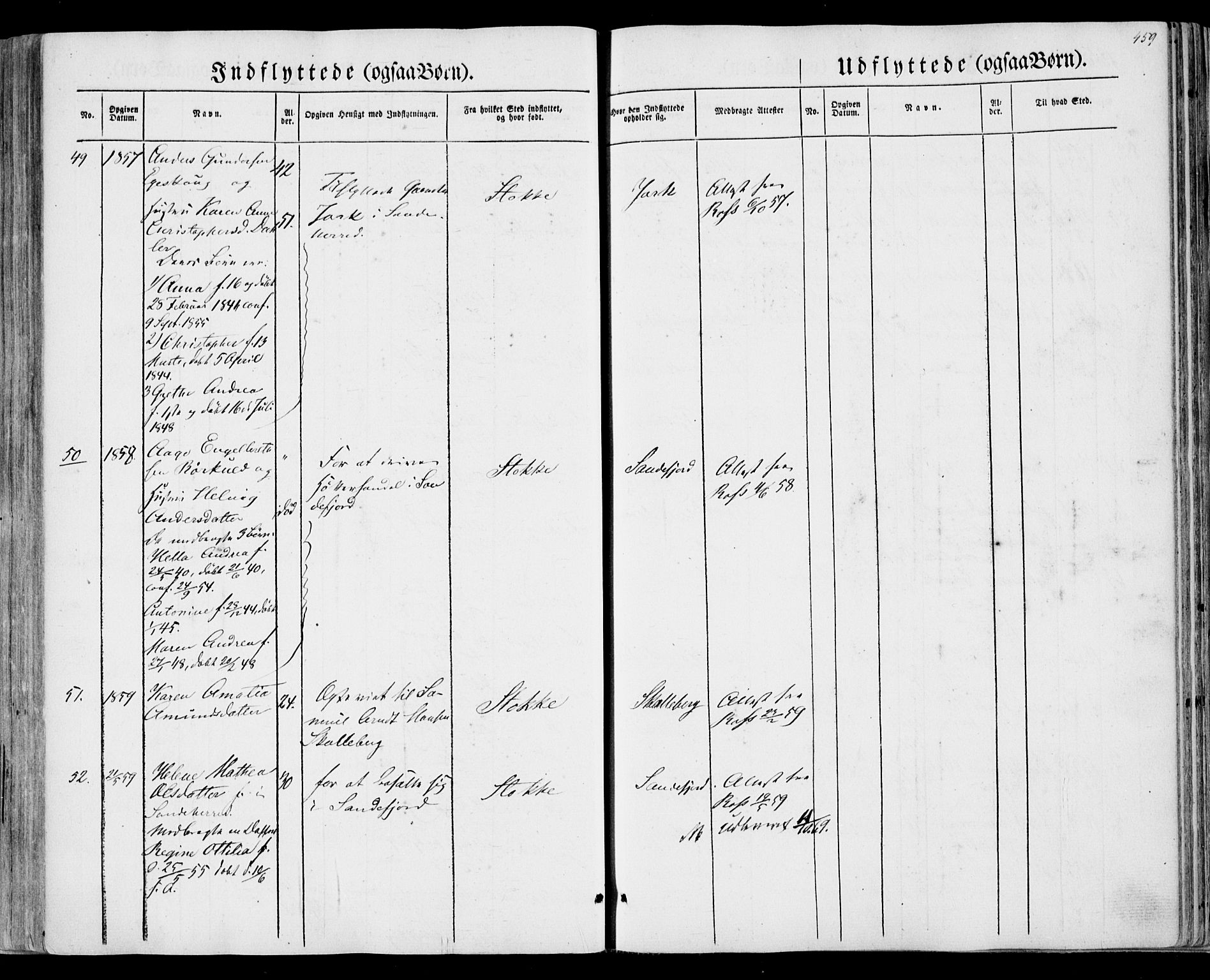 Sandar kirkebøker, AV/SAKO-A-243/F/Fa/L0007: Parish register (official) no. 7, 1855-1861, p. 459