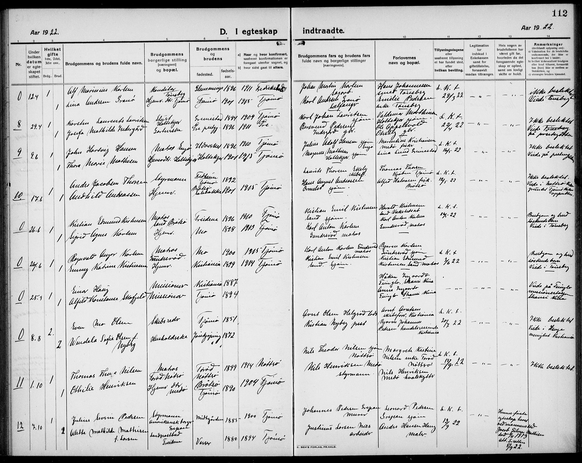 Tjøme kirkebøker, AV/SAKO-A-328/G/Ga/L0003: Parish register (copy) no. I 3, 1921-1935, p. 112