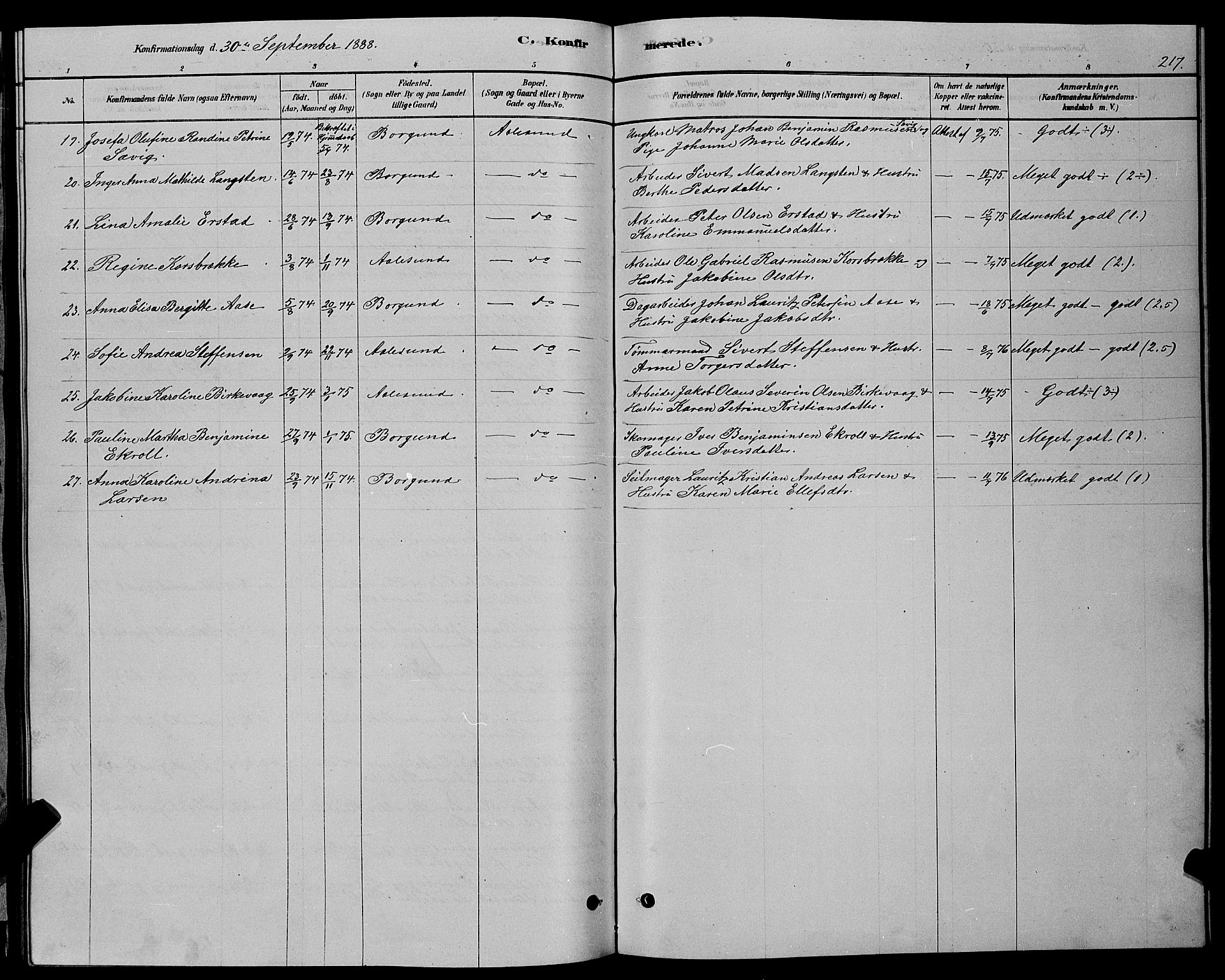 Ministerialprotokoller, klokkerbøker og fødselsregistre - Møre og Romsdal, SAT/A-1454/529/L0466: Parish register (copy) no. 529C03, 1878-1888, p. 217