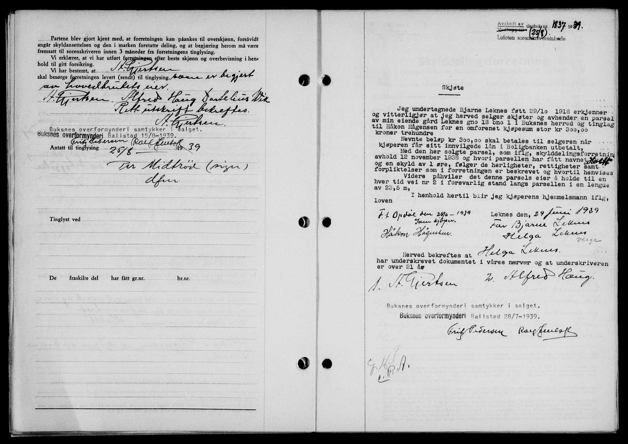 Lofoten sorenskriveri, SAT/A-0017/1/2/2C/L0006a: Mortgage book no. 6a, 1939-1939, Diary no: : 1837/1939