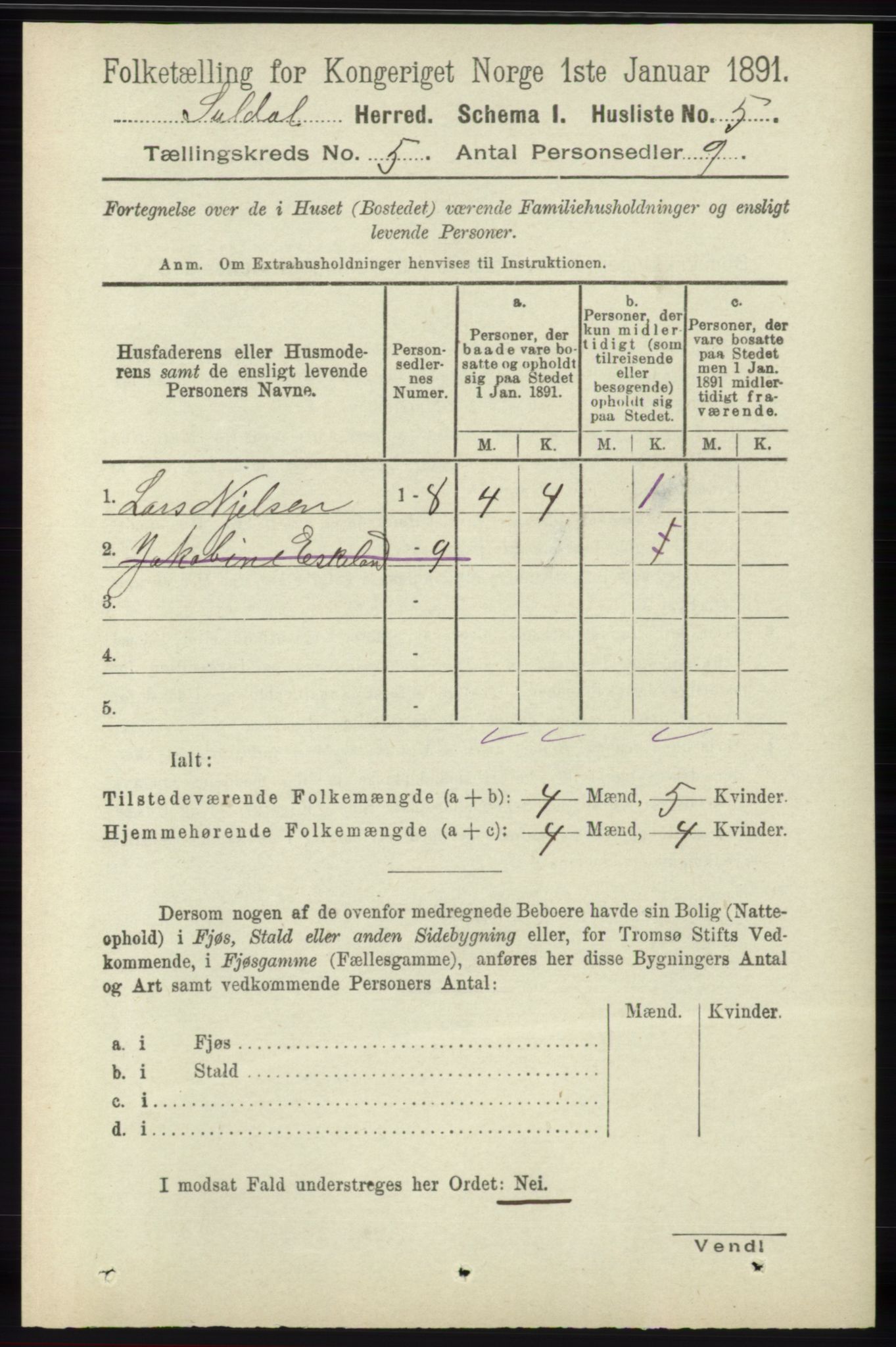 RA, 1891 census for 1134 Suldal, 1891, p. 1448