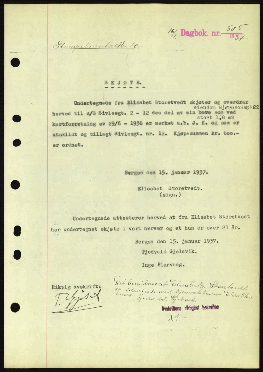 Byfogd og Byskriver i Bergen, SAB/A-3401/03/03Bc/L0004: Mortgage book no. A3-4, 1936-1937, Diary no: : 505/1937