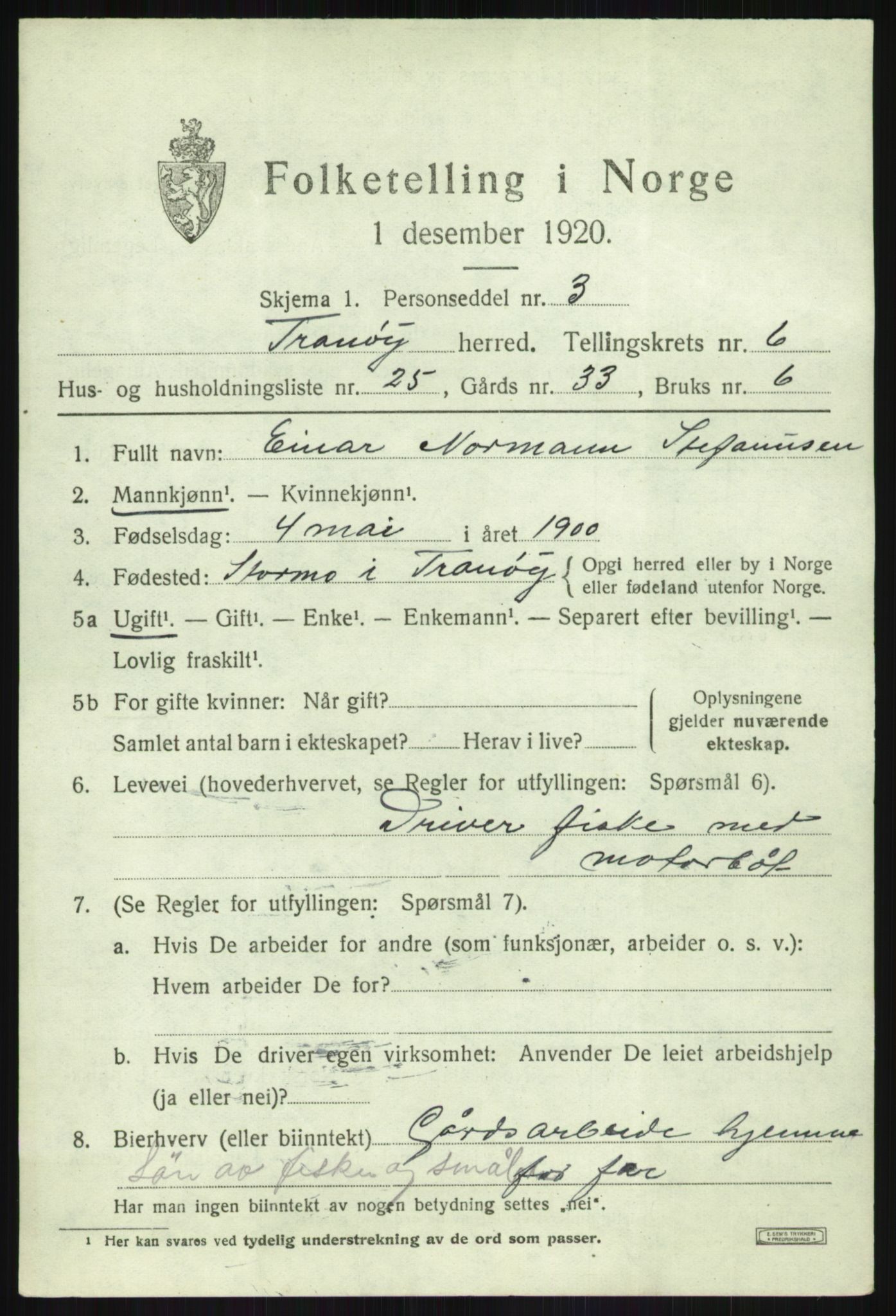 SATØ, 1920 census for Tranøy, 1920, p. 3357