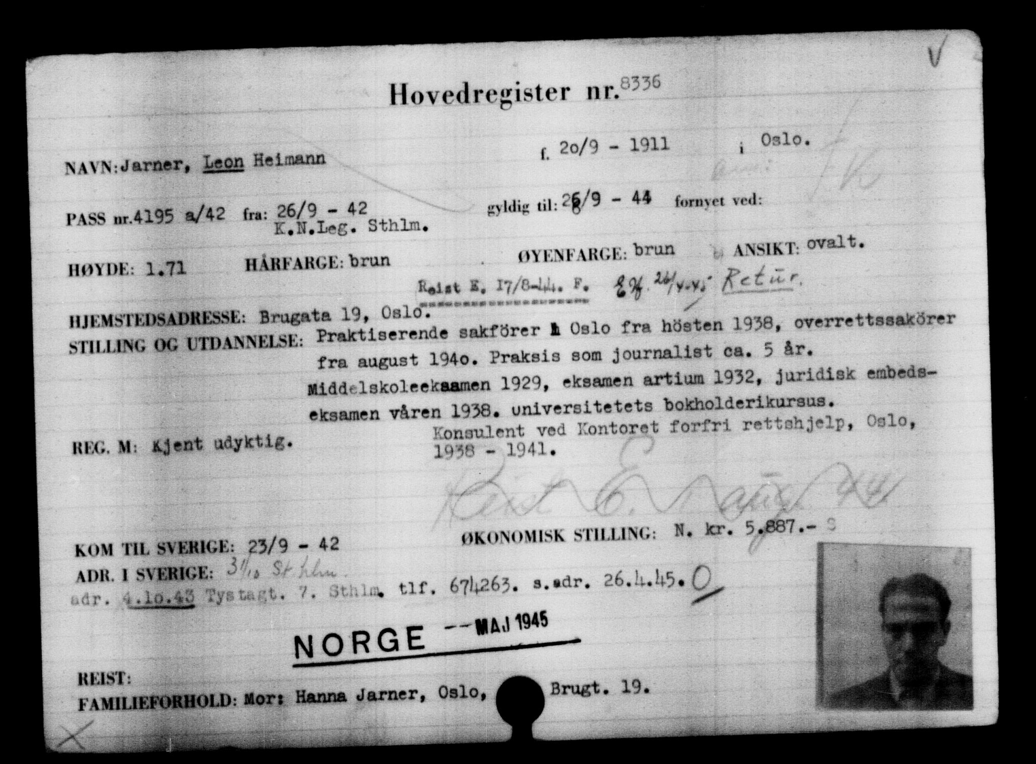 Utenriksstasjonene, Legasjonen i Stockholm, Flyktningkontoret, AV/RA-S-6753/V/Va/L0005: Kjesäterkartoteket, flyktninger med registreringsnr. 6600-9417, 1940-1945, p. 2013
