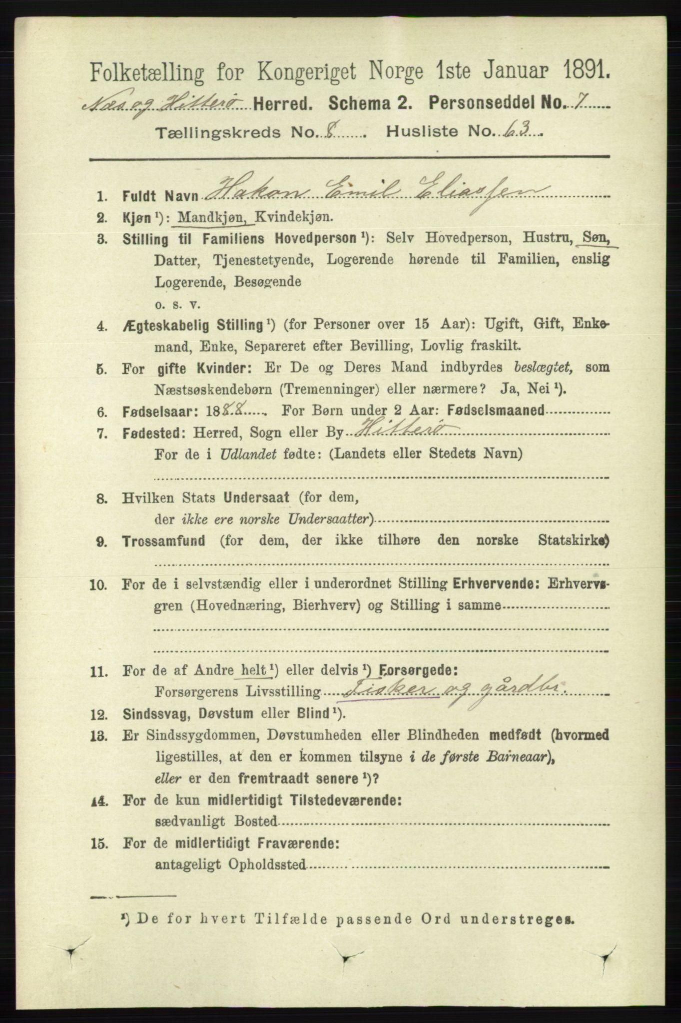 RA, 1891 census for 1043 Hidra og Nes, 1891, p. 3653