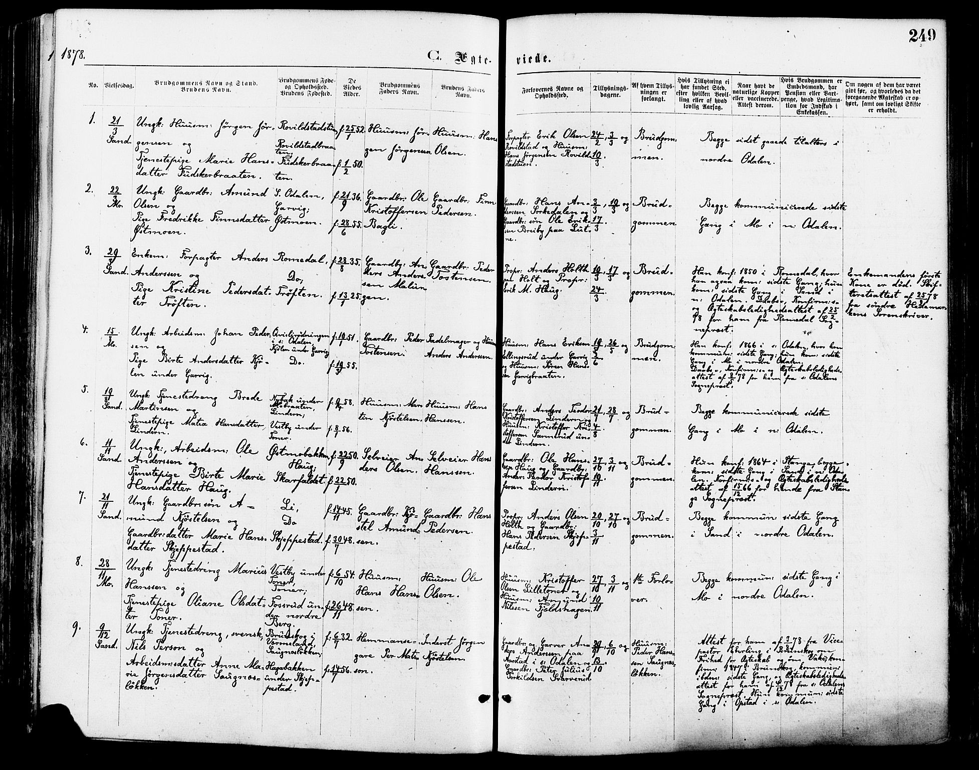 Nord-Odal prestekontor, AV/SAH-PREST-032/H/Ha/Haa/L0005: Parish register (official) no. 5, 1874-1885, p. 249