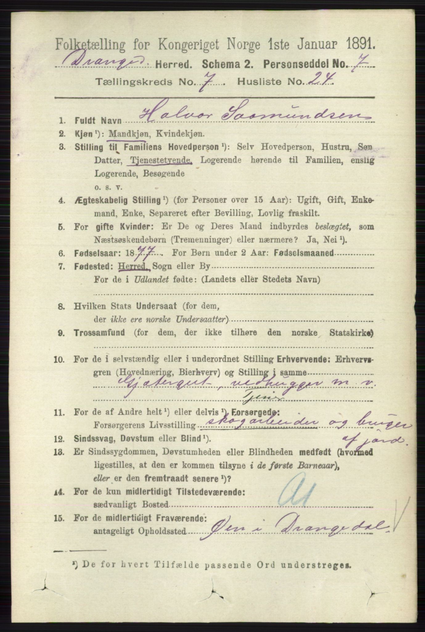 RA, 1891 census for 0817 Drangedal, 1891, p. 2564