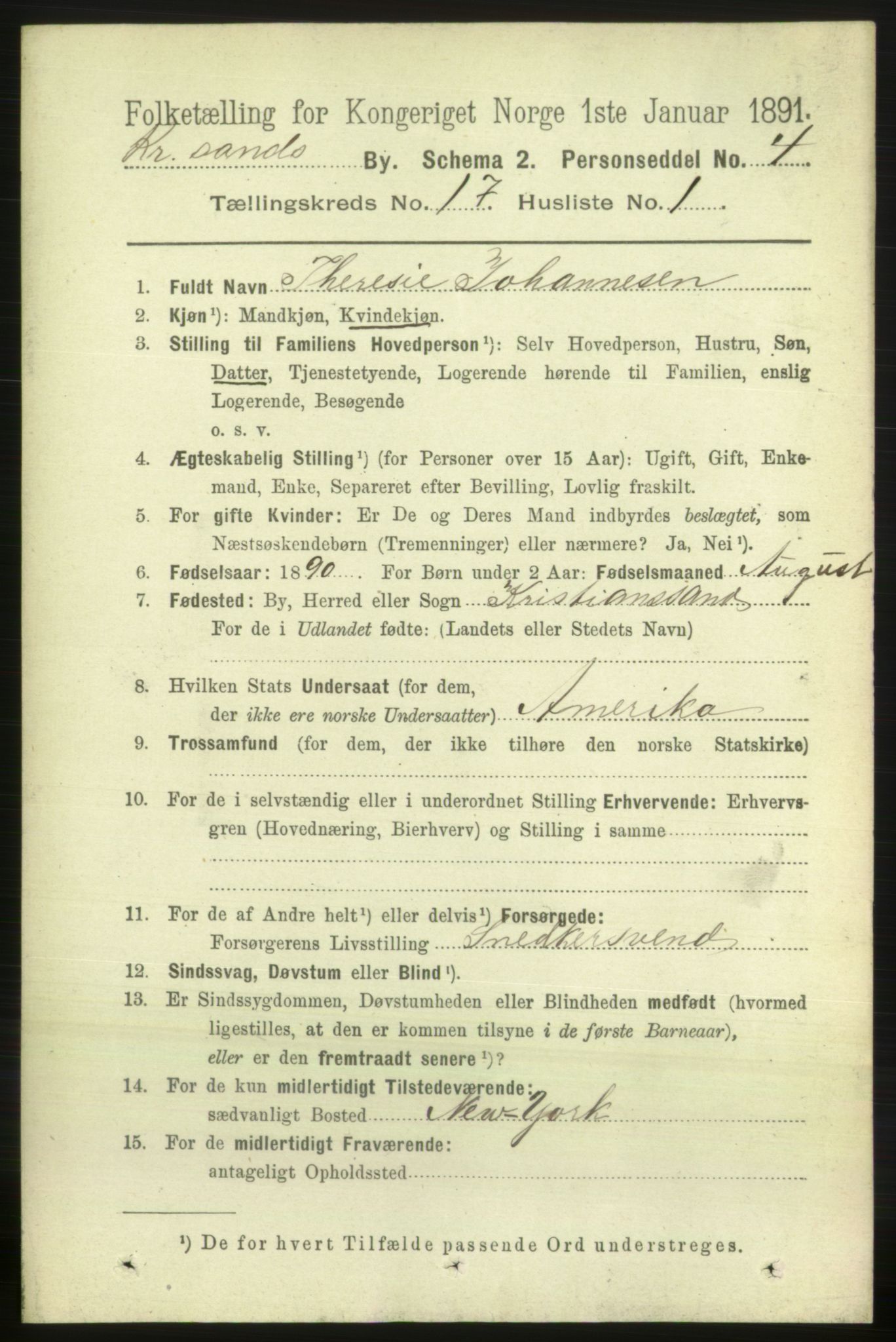 RA, 1891 census for 1001 Kristiansand, 1891, p. 6681