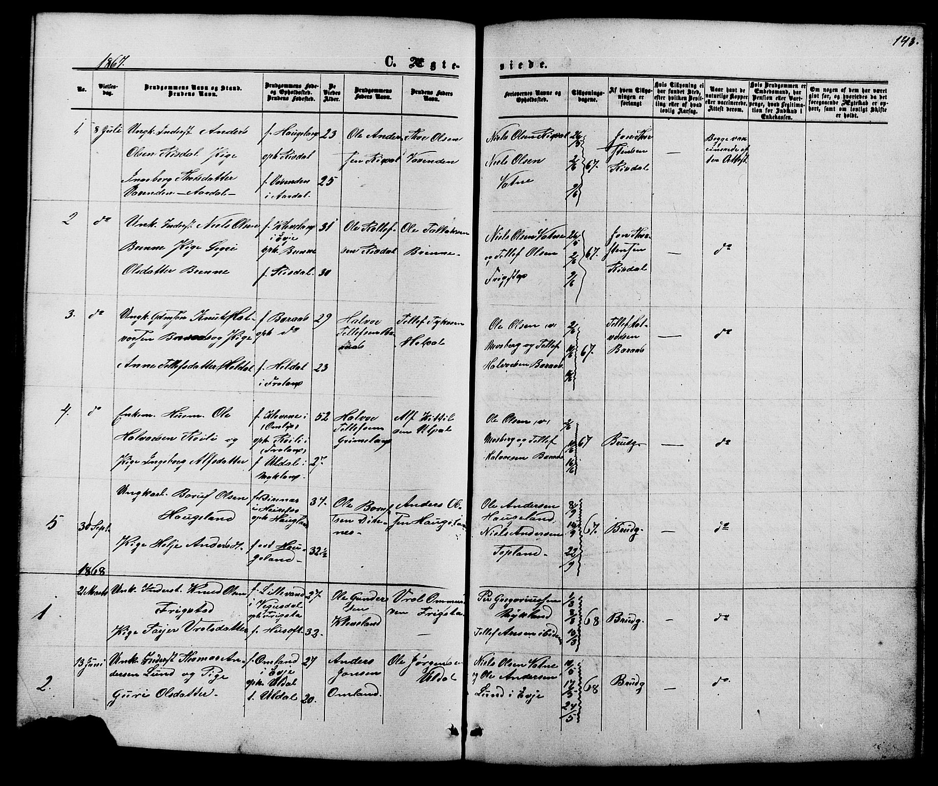 Herefoss sokneprestkontor, SAK/1111-0019/F/Fb/Fbc/L0002: Parish register (copy) no. B 2, 1867-1886, p. 143