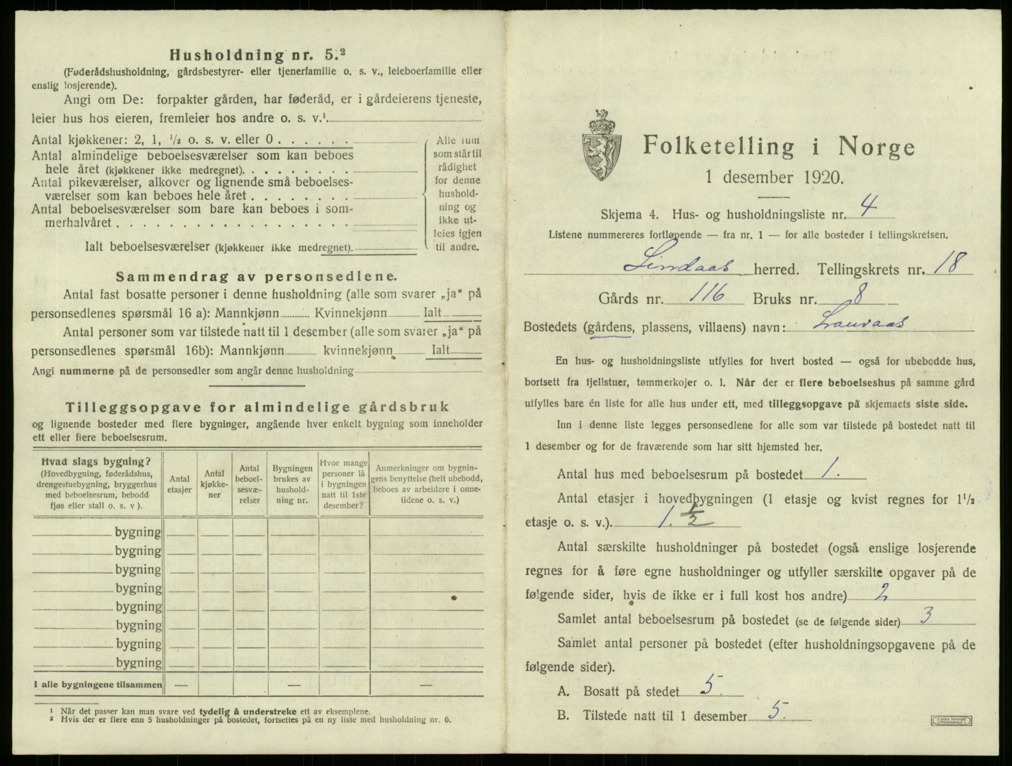 SAB, 1920 census for Lindås, 1920, p. 1282