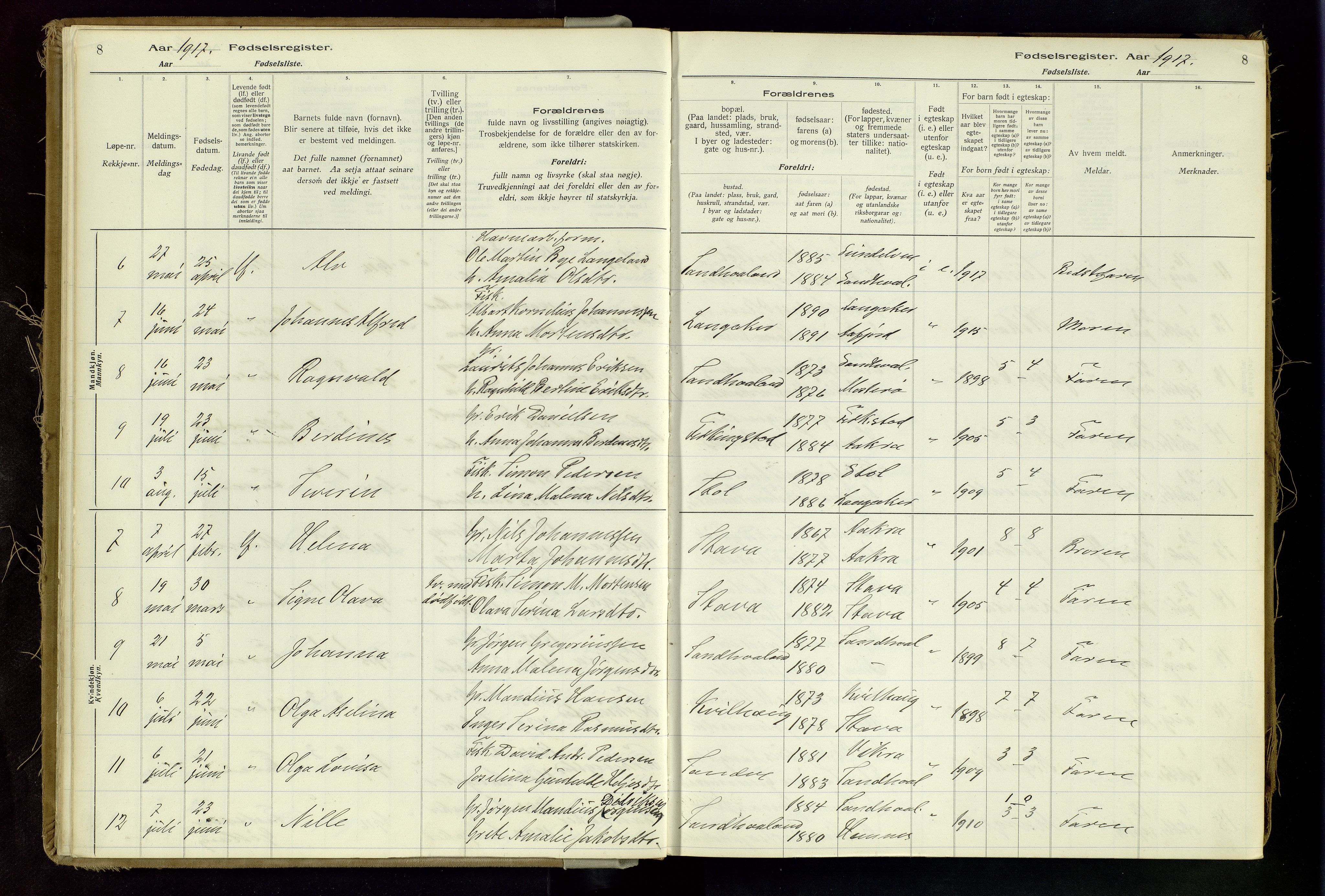 Skudenes sokneprestkontor, SAST/A -101849/I/Id/L0002: Birth register no. 2, 1916-1962, p. 8