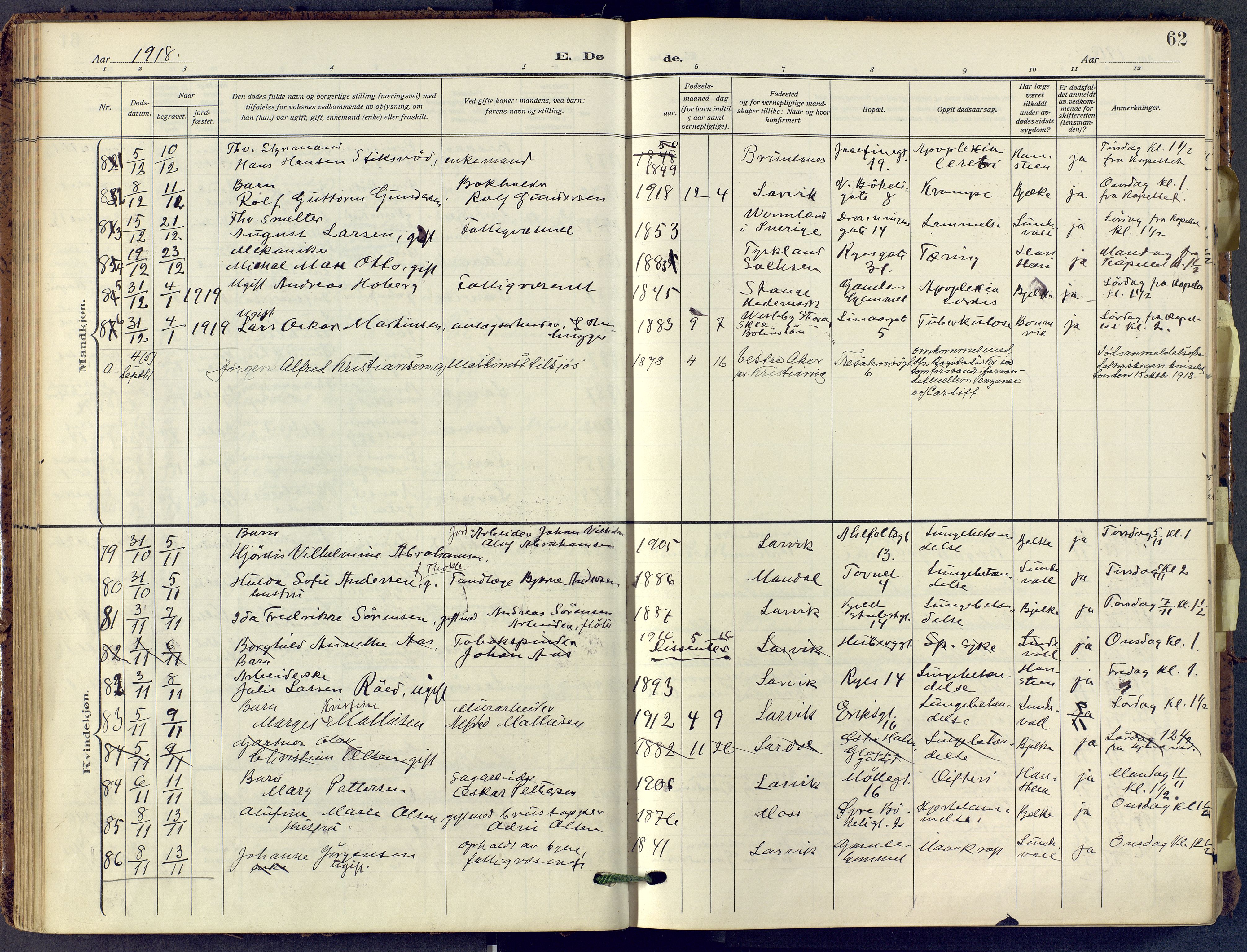 Larvik kirkebøker, SAKO/A-352/F/Fa/L0013: Parish register (official) no. I 13, 1910-1960, p. 62