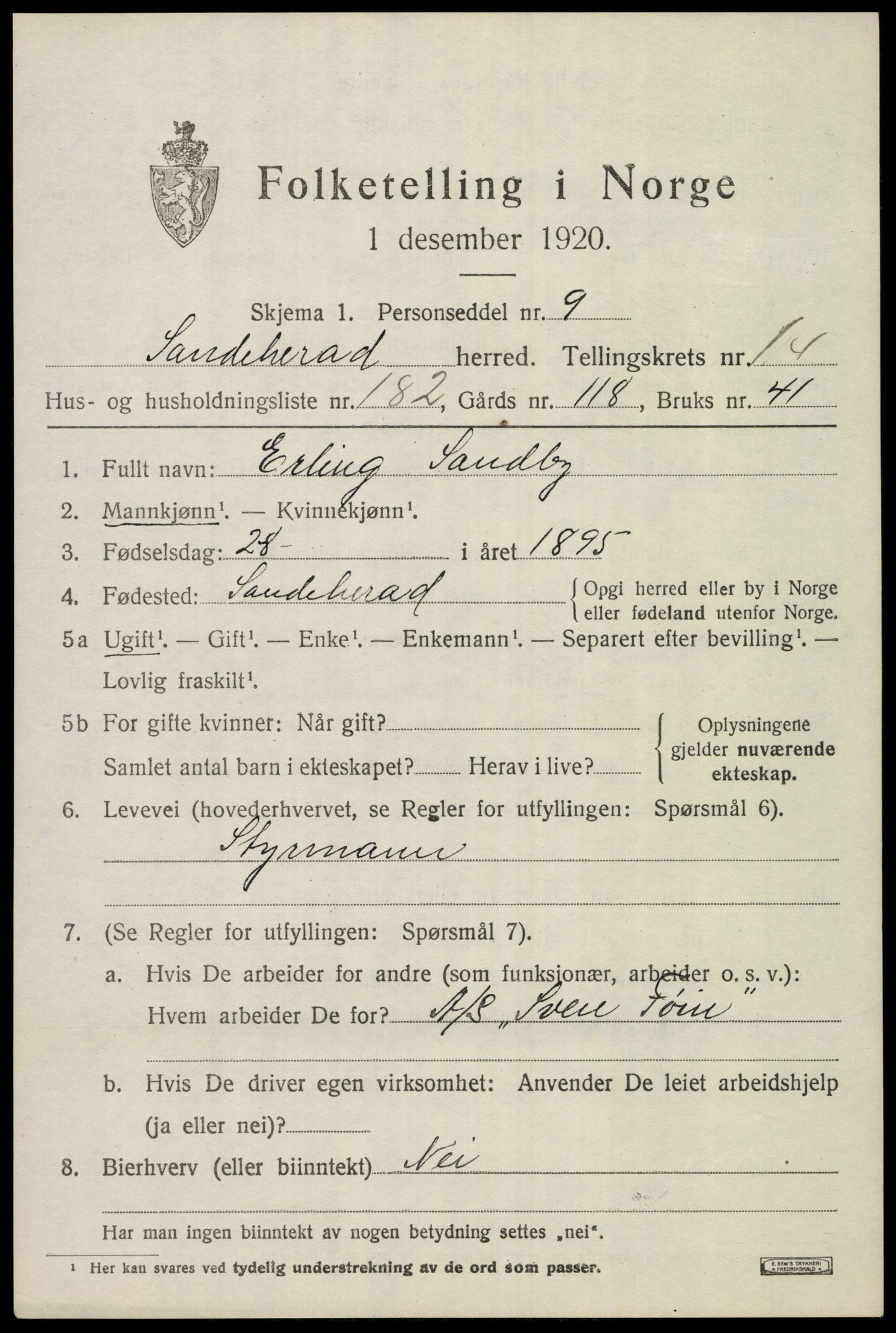 SAKO, 1920 census for Sandeherred, 1920, p. 22898
