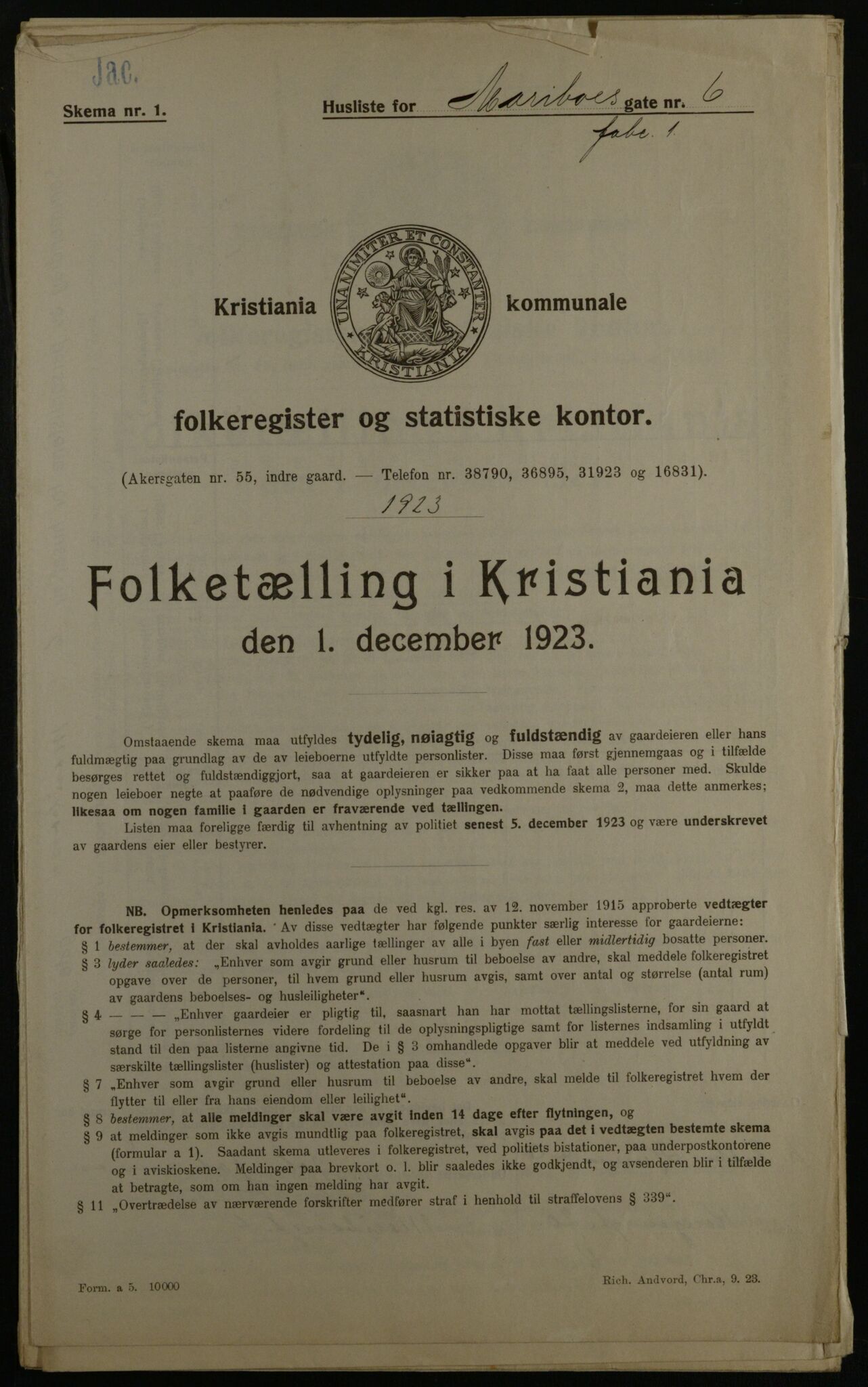 OBA, Municipal Census 1923 for Kristiania, 1923, p. 67229