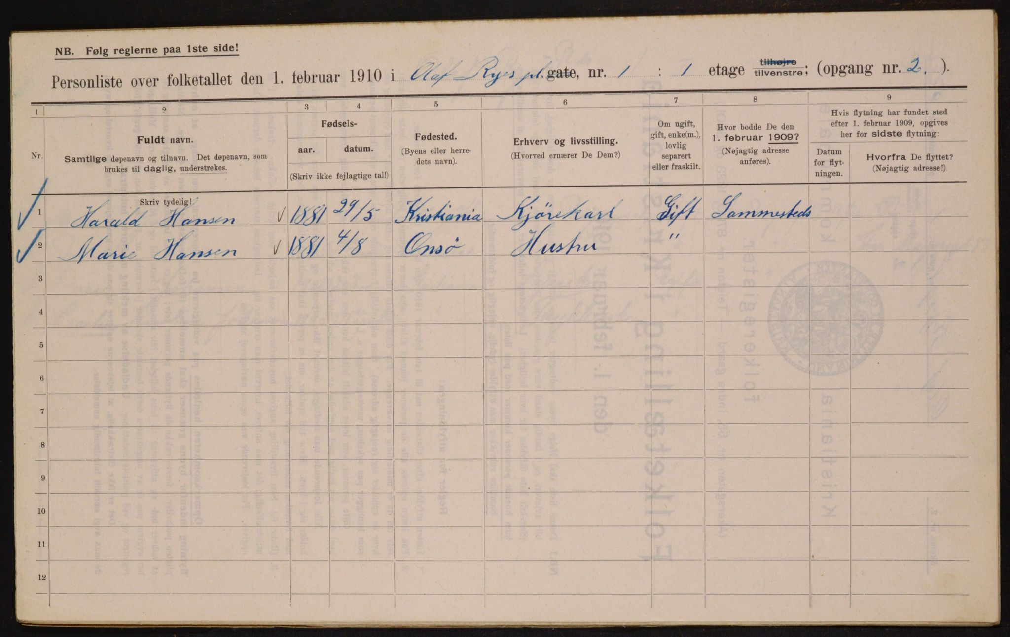 OBA, Municipal Census 1910 for Kristiania, 1910, p. 72303