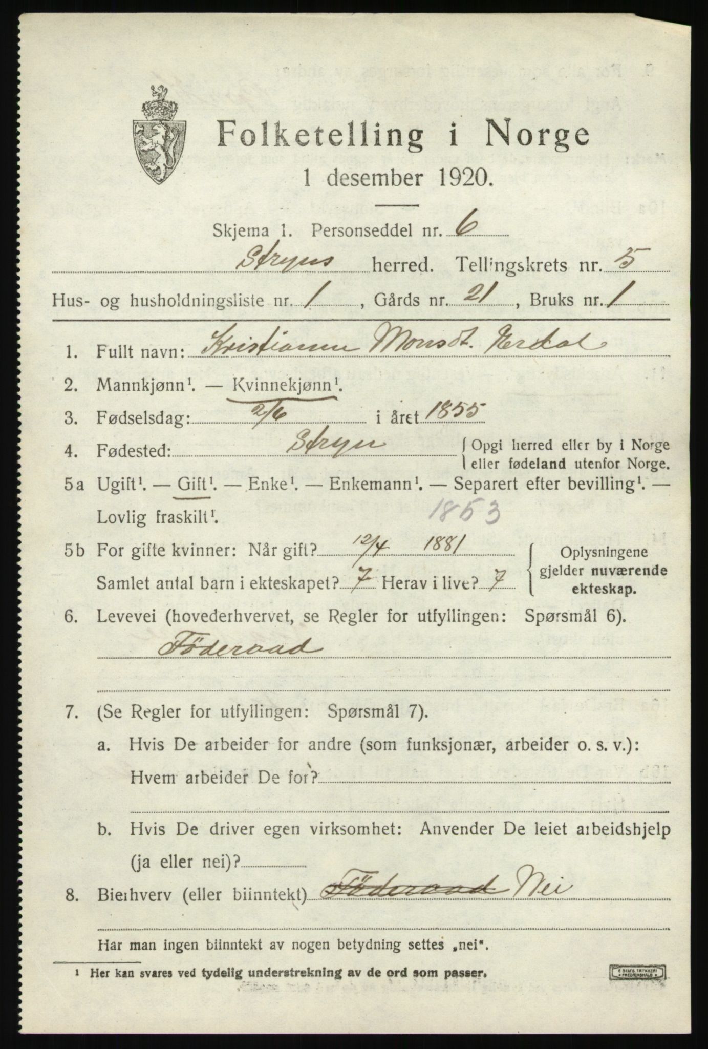 SAB, 1920 census for Stryn, 1920, p. 2158