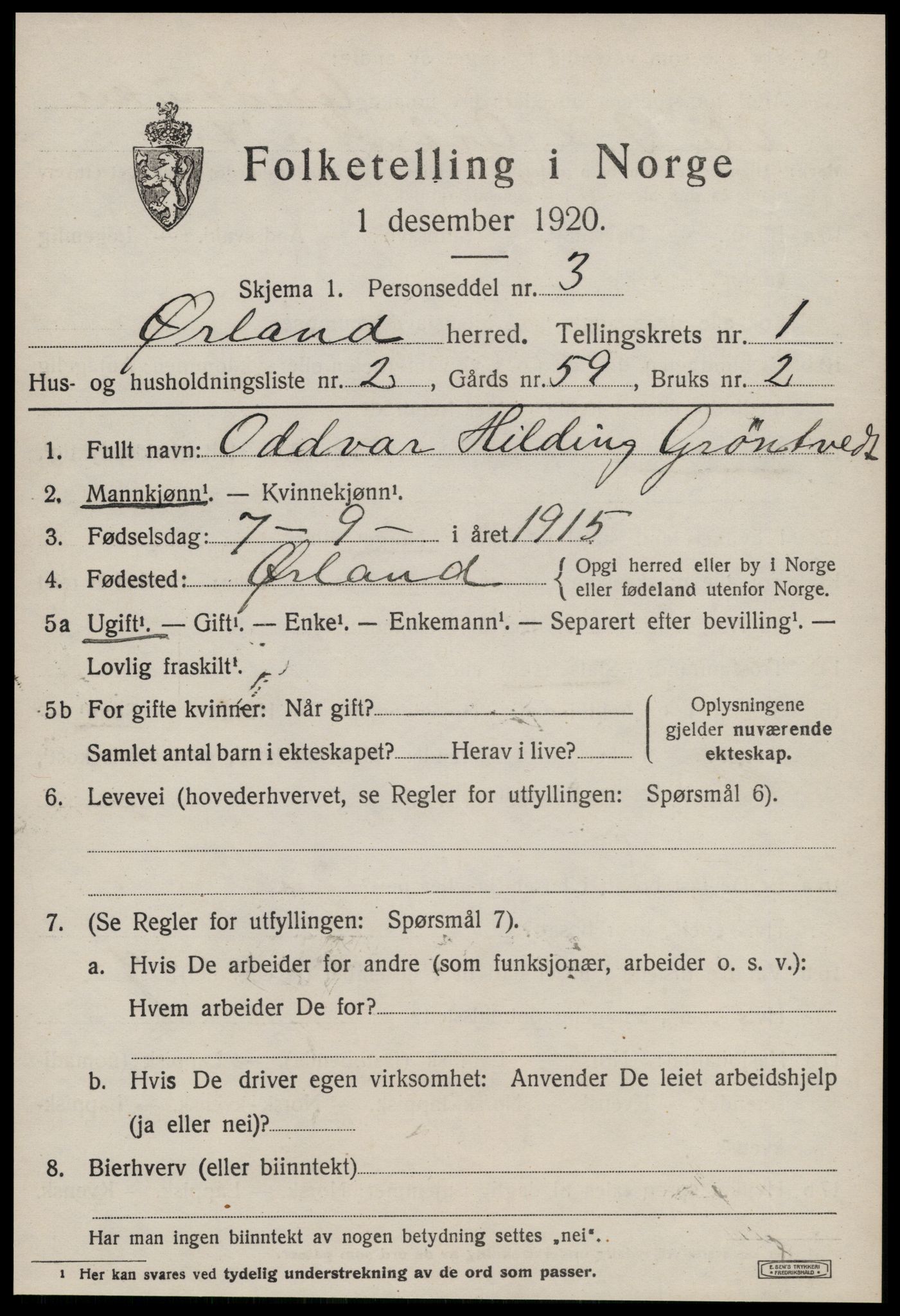 SAT, 1920 census for Ørland, 1920, p. 1369