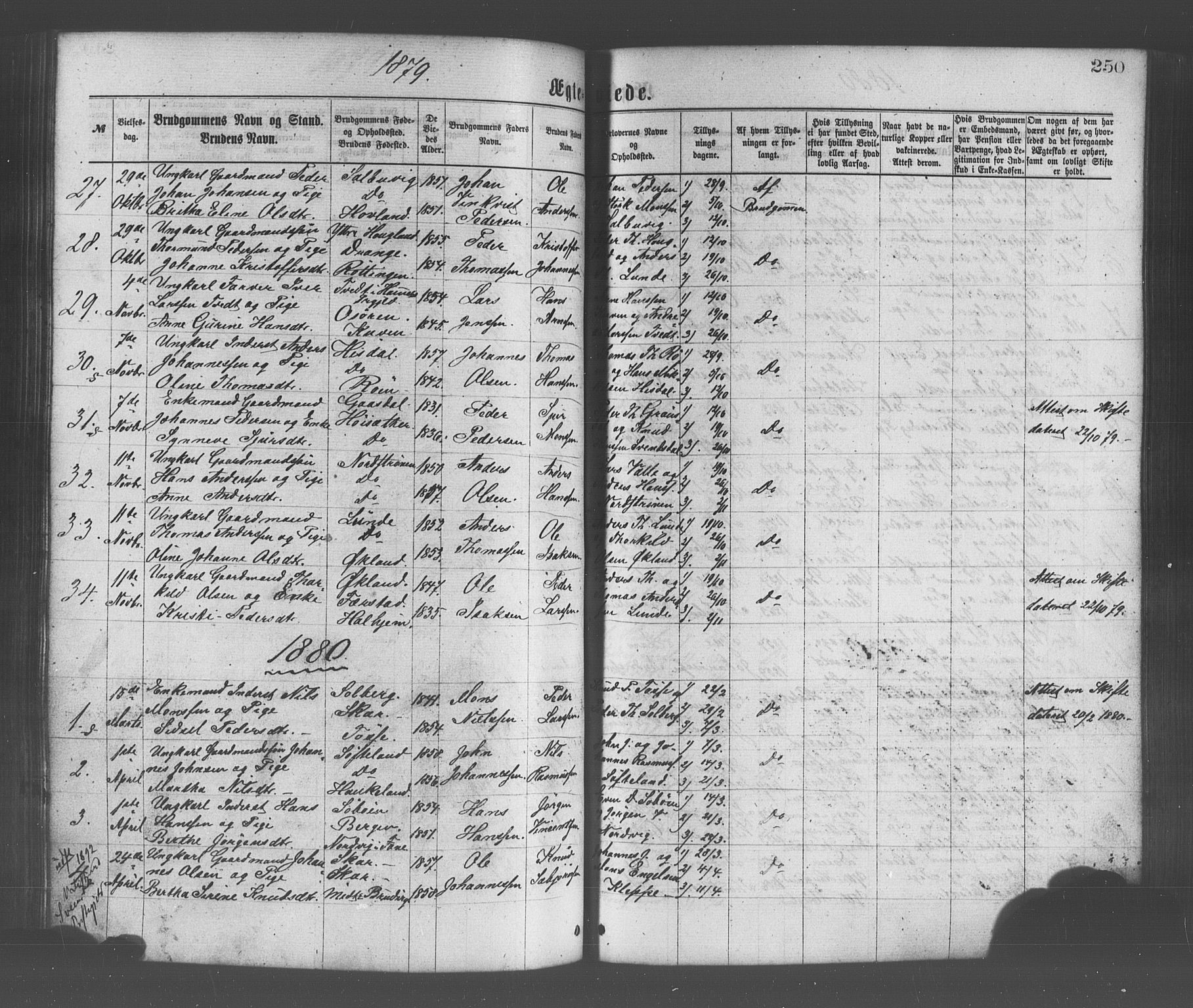 Os sokneprestembete, AV/SAB-A-99929: Parish register (official) no. A 18, 1874-1884, p. 250