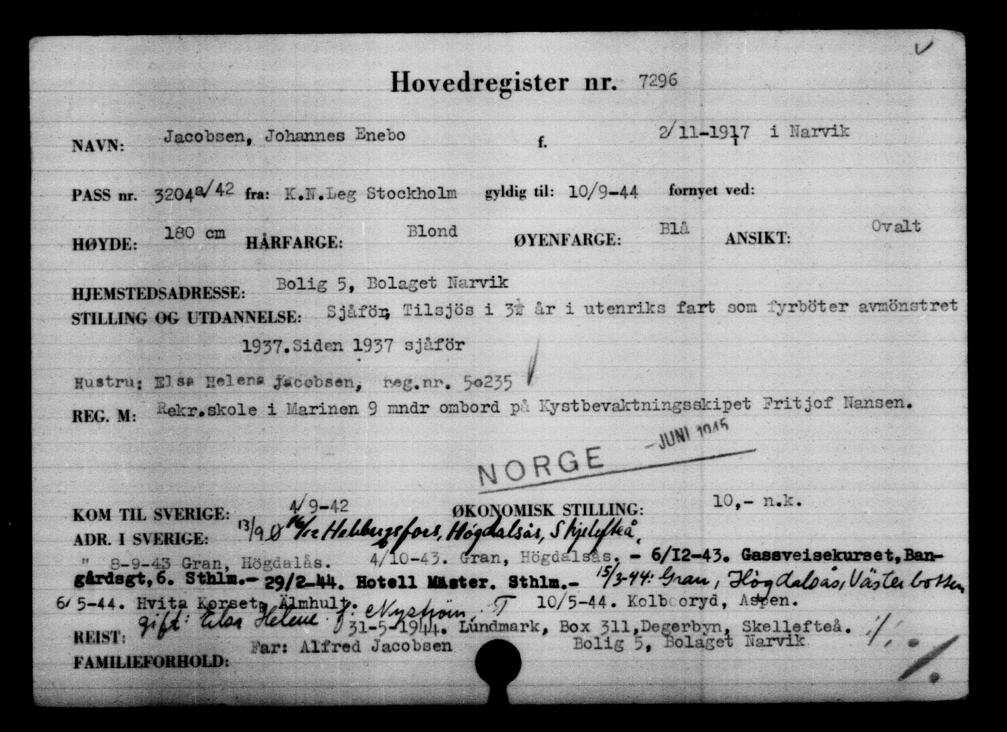 Utenriksstasjonene, Legasjonen i Stockholm, Flyktningkontoret, AV/RA-S-6753/V/Va/L0005: Kjesäterkartoteket, flyktninger med registreringsnr. 6600-9417, 1940-1945, p. 824