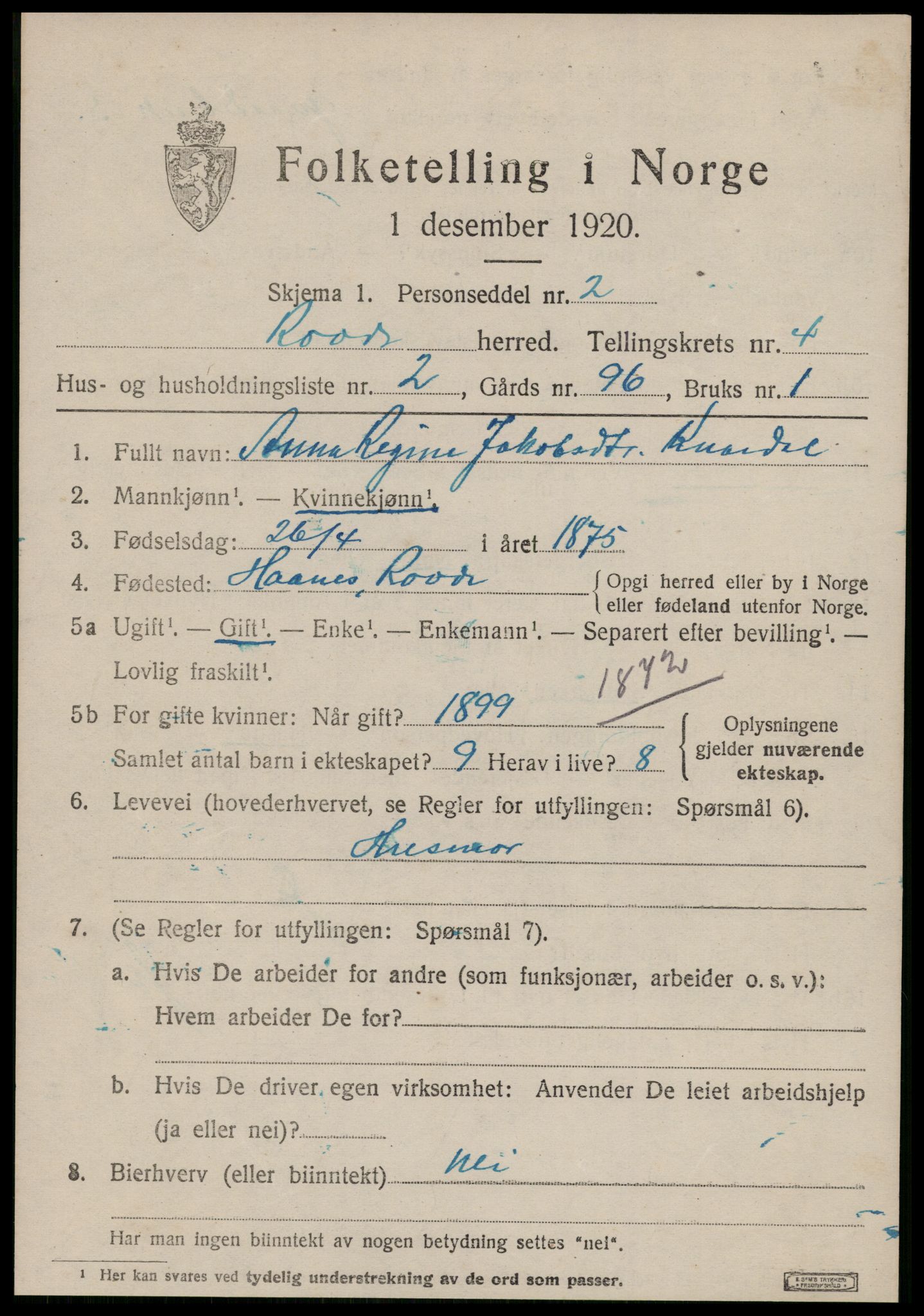 SAT, 1920 census for Rovde, 1920, p. 1291