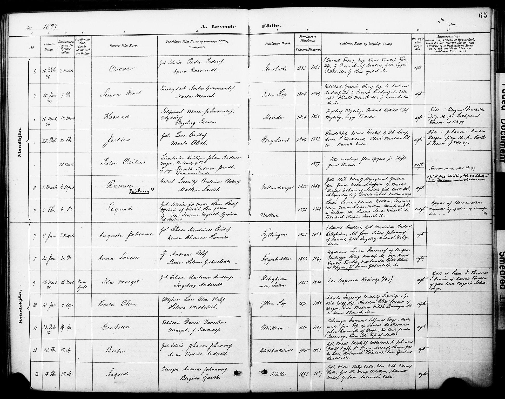 Fana Sokneprestembete, AV/SAB-A-75101/H/Haa/Haai/L0002: Parish register (official) no. I 2, 1888-1899, p. 65