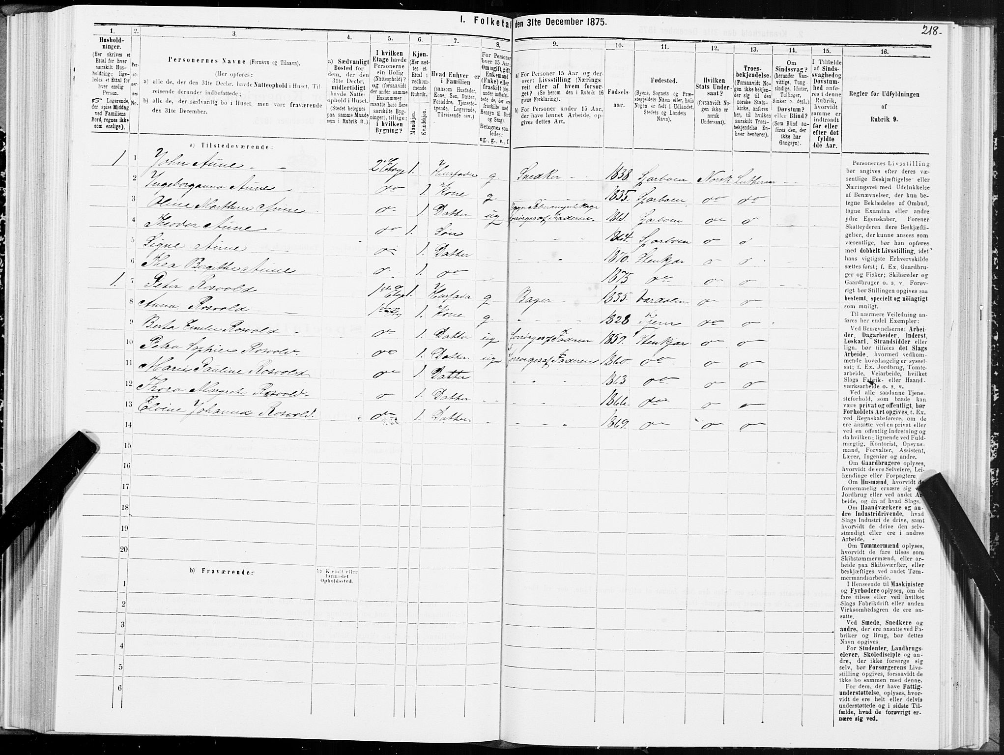 SAT, 1875 census for 1702B Steinkjer/Steinkjer, 1875, p. 218