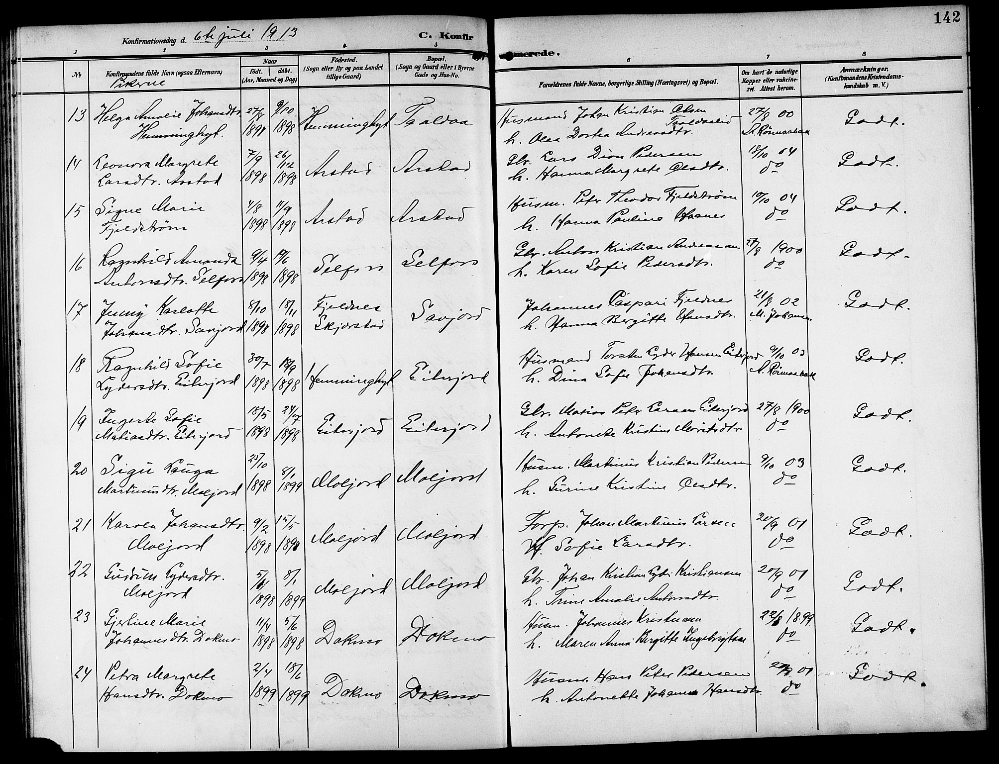 Ministerialprotokoller, klokkerbøker og fødselsregistre - Nordland, AV/SAT-A-1459/846/L0655: Parish register (copy) no. 846C05, 1902-1916, p. 142