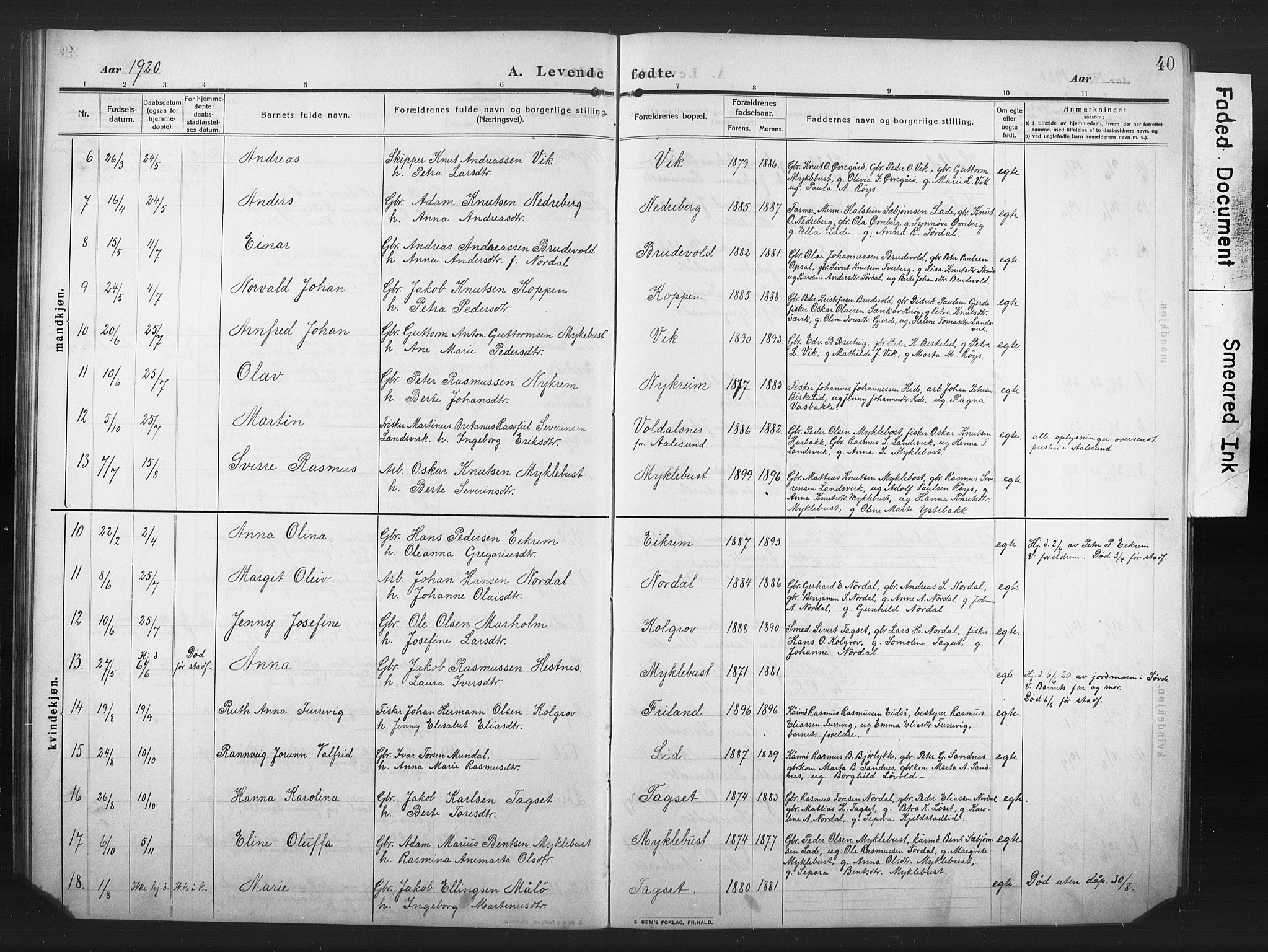 Ministerialprotokoller, klokkerbøker og fødselsregistre - Møre og Romsdal, AV/SAT-A-1454/502/L0028: Parish register (copy) no. 502C02, 1909-1932, p. 40