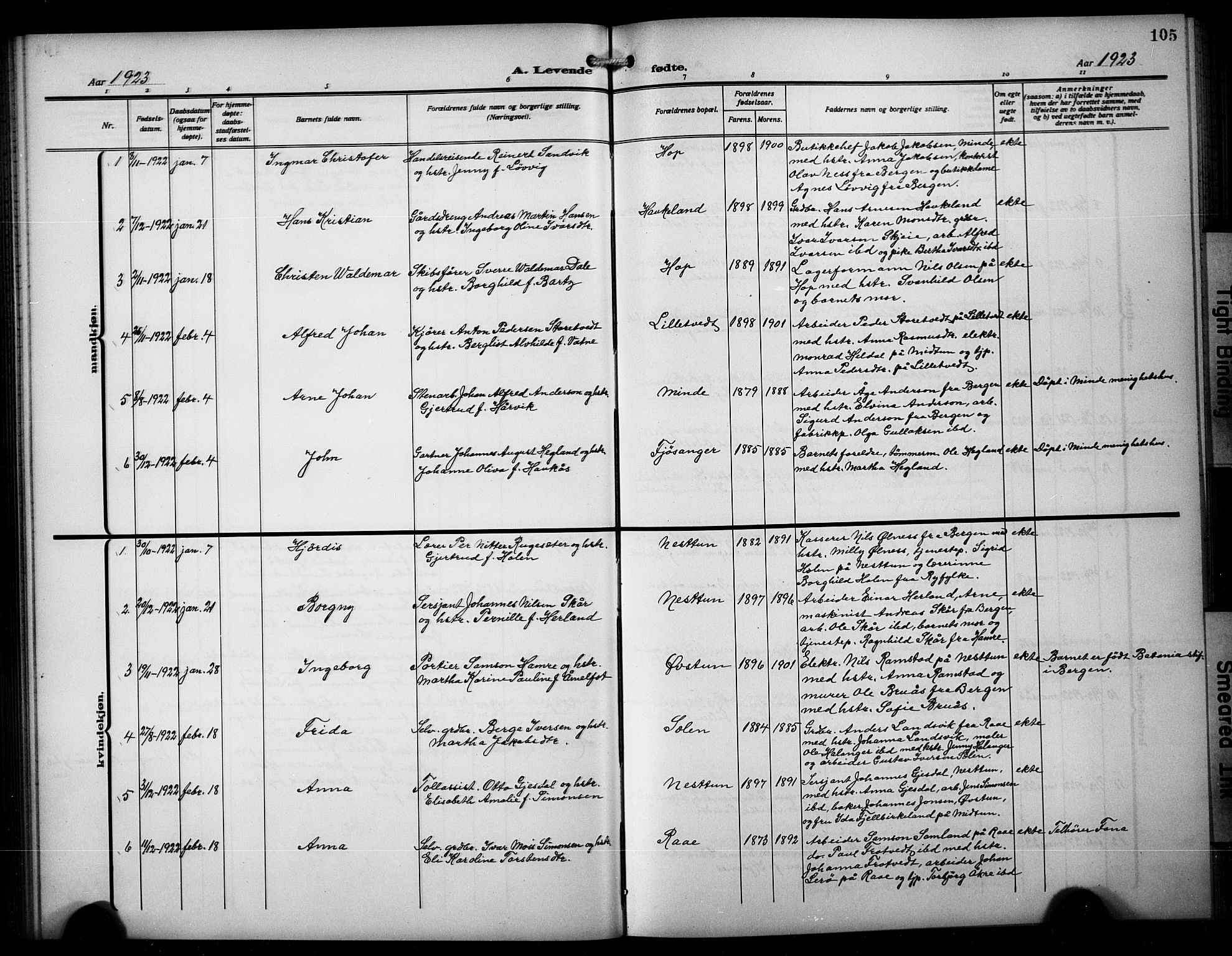 Birkeland Sokneprestembete, AV/SAB-A-74601/H/Hab: Parish register (copy) no. A 7, 1916-1923, p. 105