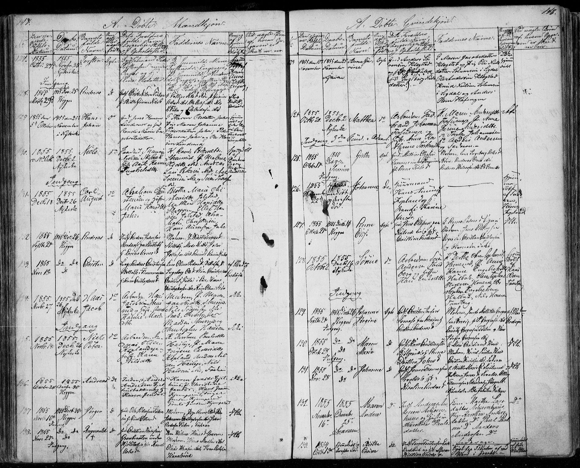 Modum kirkebøker, AV/SAKO-A-234/F/Fa/L0008: Parish register (official) no. 8, 1851-1859, p. 147-148