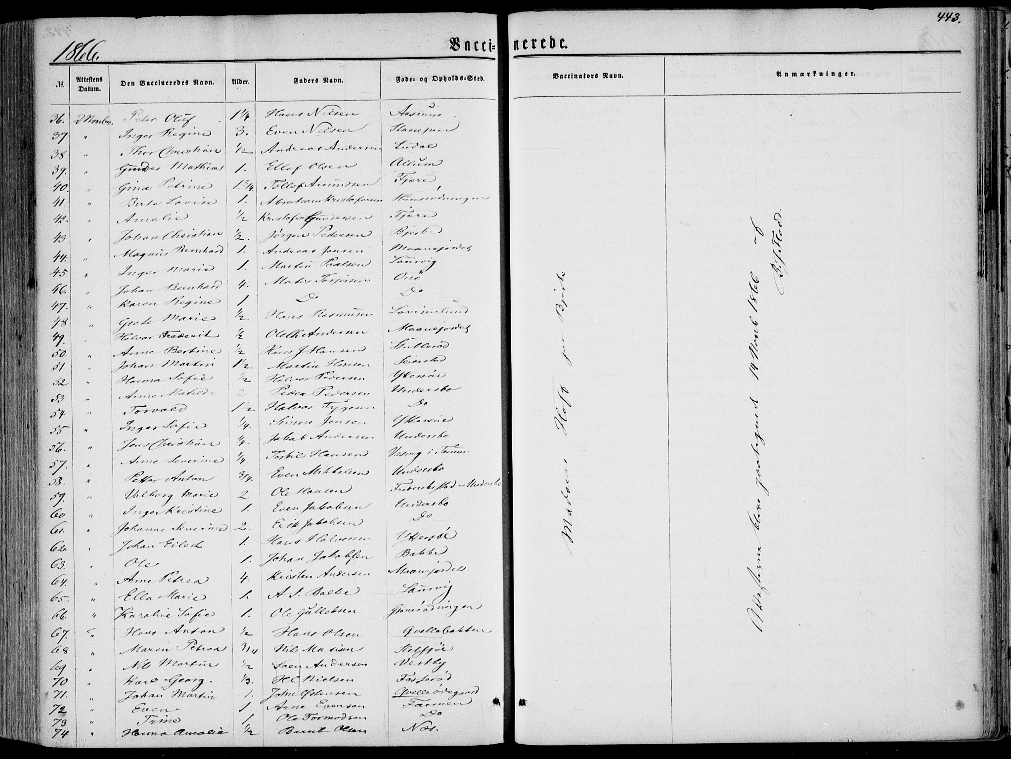 Hedrum kirkebøker, AV/SAKO-A-344/F/Fa/L0007: Parish register (official) no. I 7, 1857-1868, p. 443