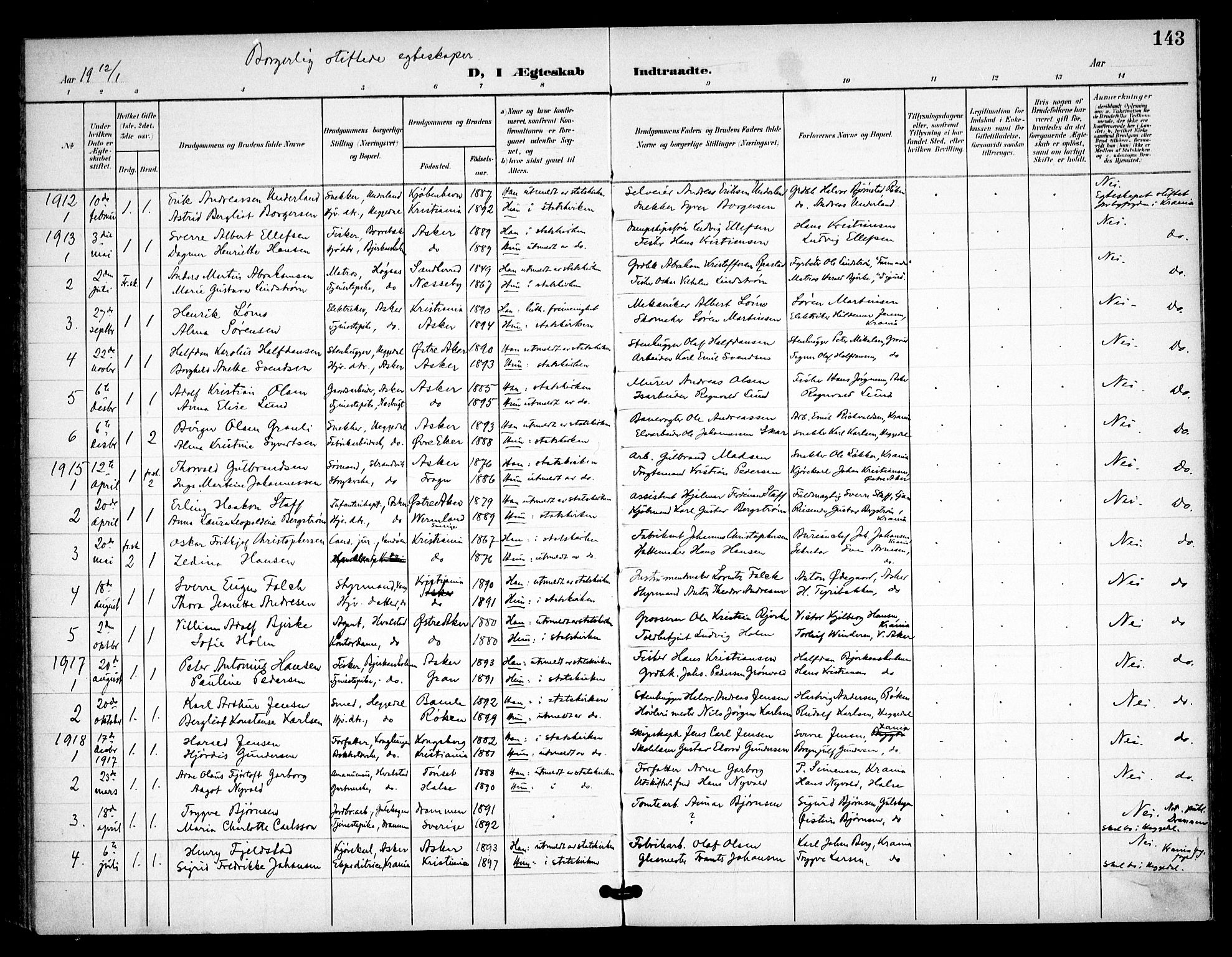 Asker prestekontor Kirkebøker, SAO/A-10256a/F/Fa/L0016: Parish register (official) no. I 16, 1900-1917, p. 143