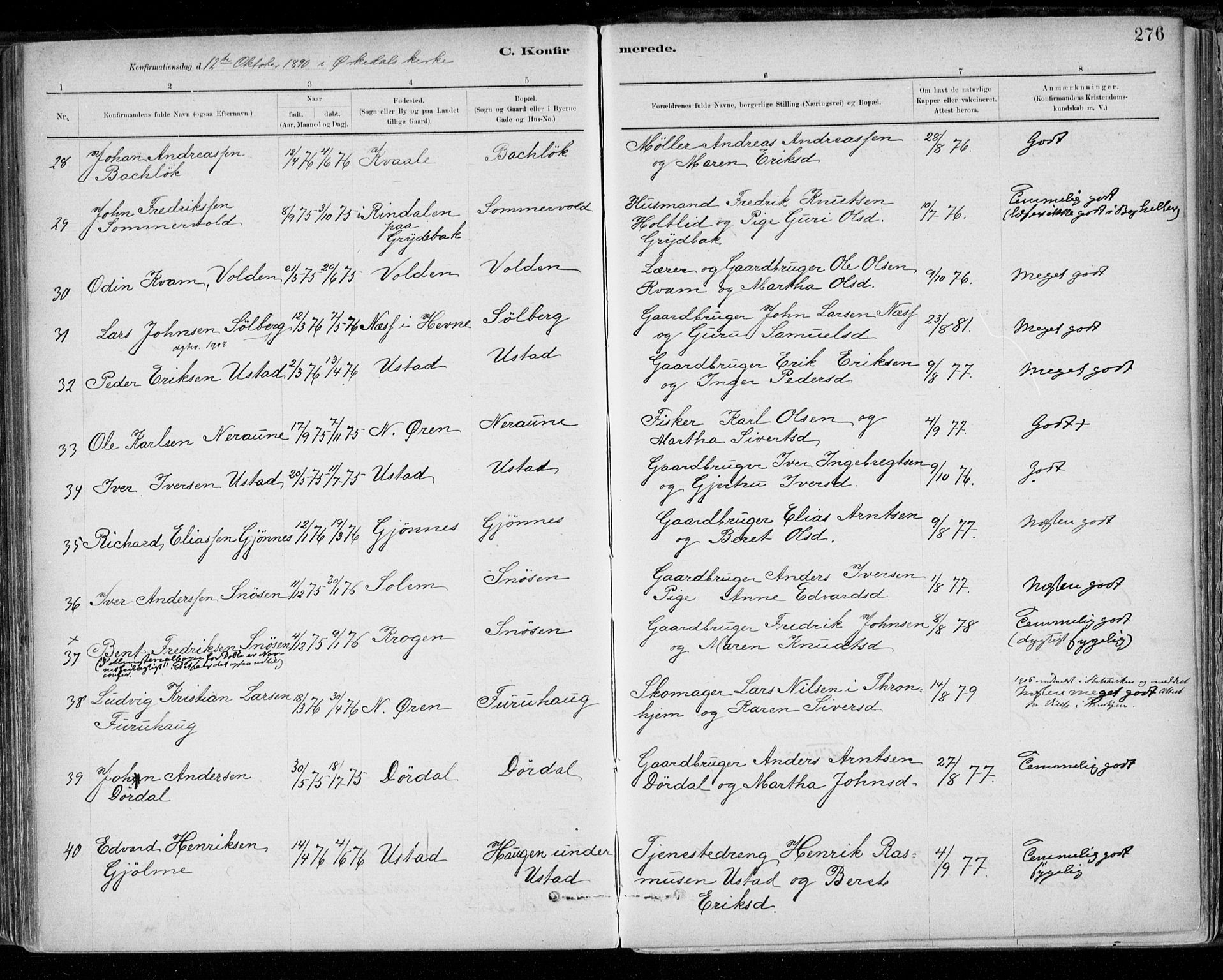 Ministerialprotokoller, klokkerbøker og fødselsregistre - Sør-Trøndelag, SAT/A-1456/668/L0809: Parish register (official) no. 668A09, 1881-1895, p. 276