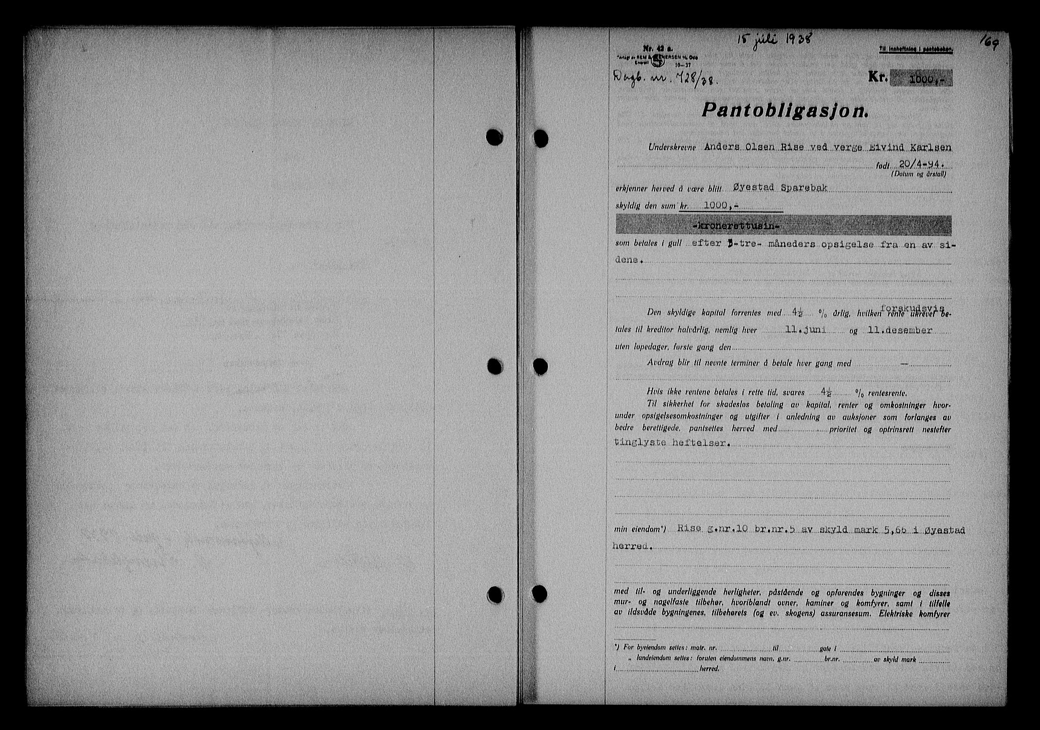 Nedenes sorenskriveri, SAK/1221-0006/G/Gb/Gba/L0045: Mortgage book no. 41, 1938-1938, Diary no: : 728/1938