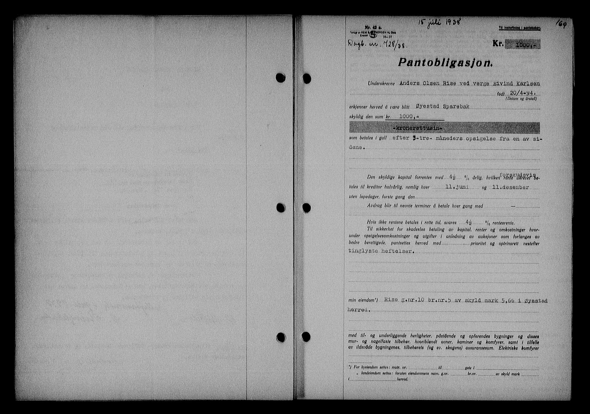 Nedenes sorenskriveri, AV/SAK-1221-0006/G/Gb/Gba/L0045: Mortgage book no. 41, 1938-1938, Diary no: : 728/1938