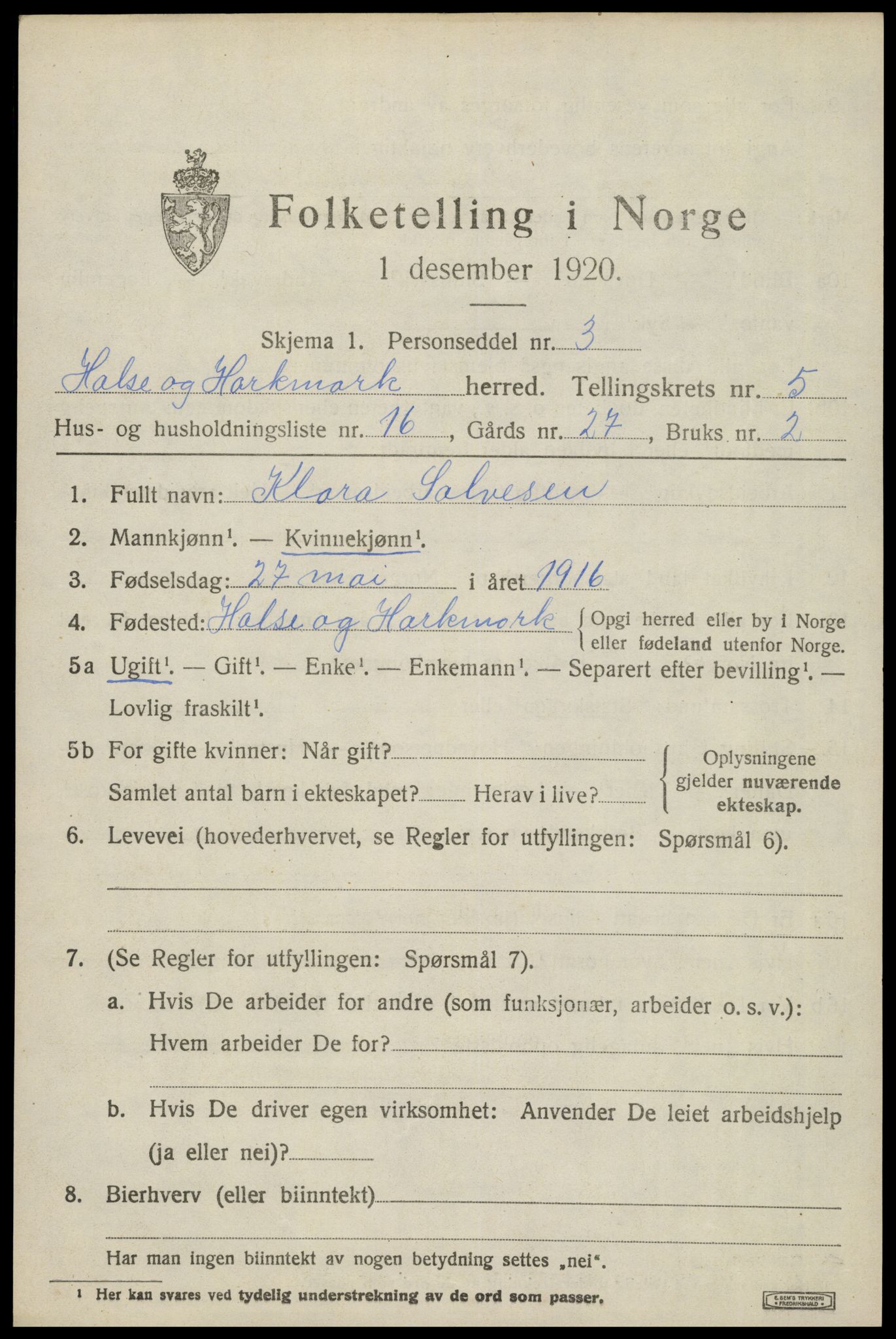 SAK, 1920 census for Halse og Harkmark, 1920, p. 3158