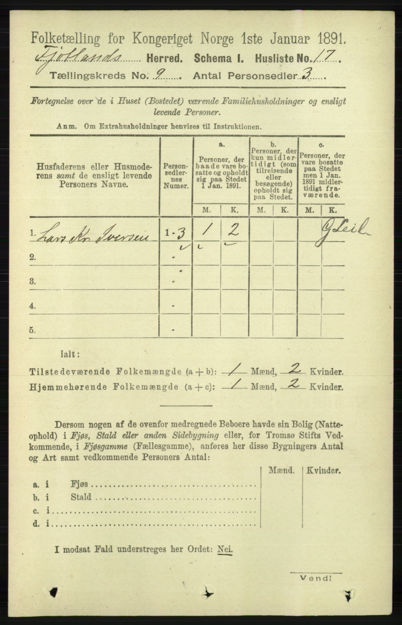 RA, 1891 census for 1036 Fjotland, 1891, p. 1298