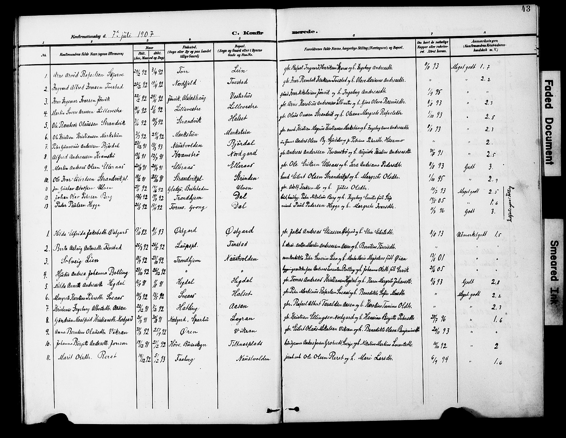 Ministerialprotokoller, klokkerbøker og fødselsregistre - Nord-Trøndelag, SAT/A-1458/746/L0452: Parish register (official) no. 746A09, 1900-1908, p. 43