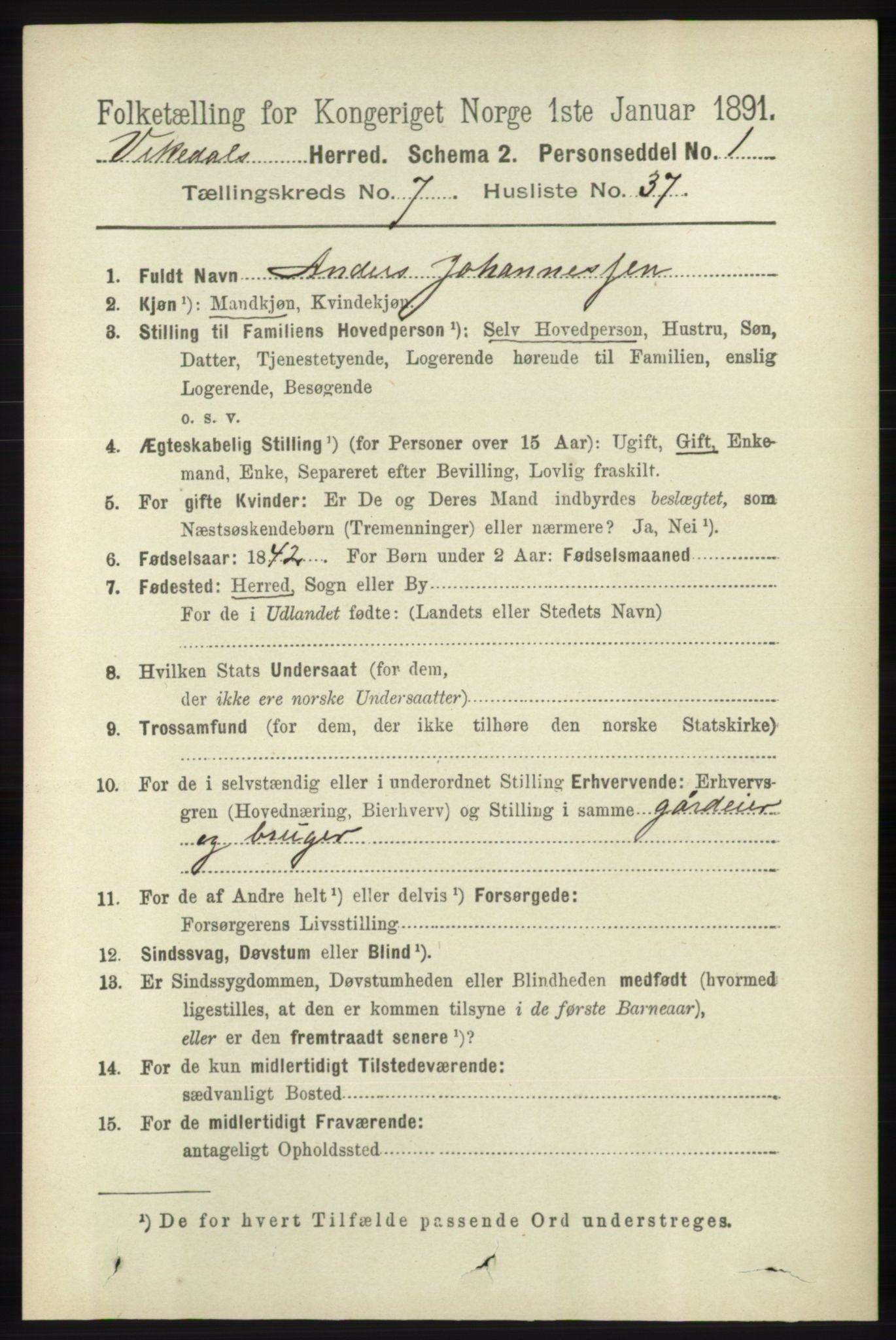 RA, 1891 census for 1157 Vikedal, 1891, p. 2186