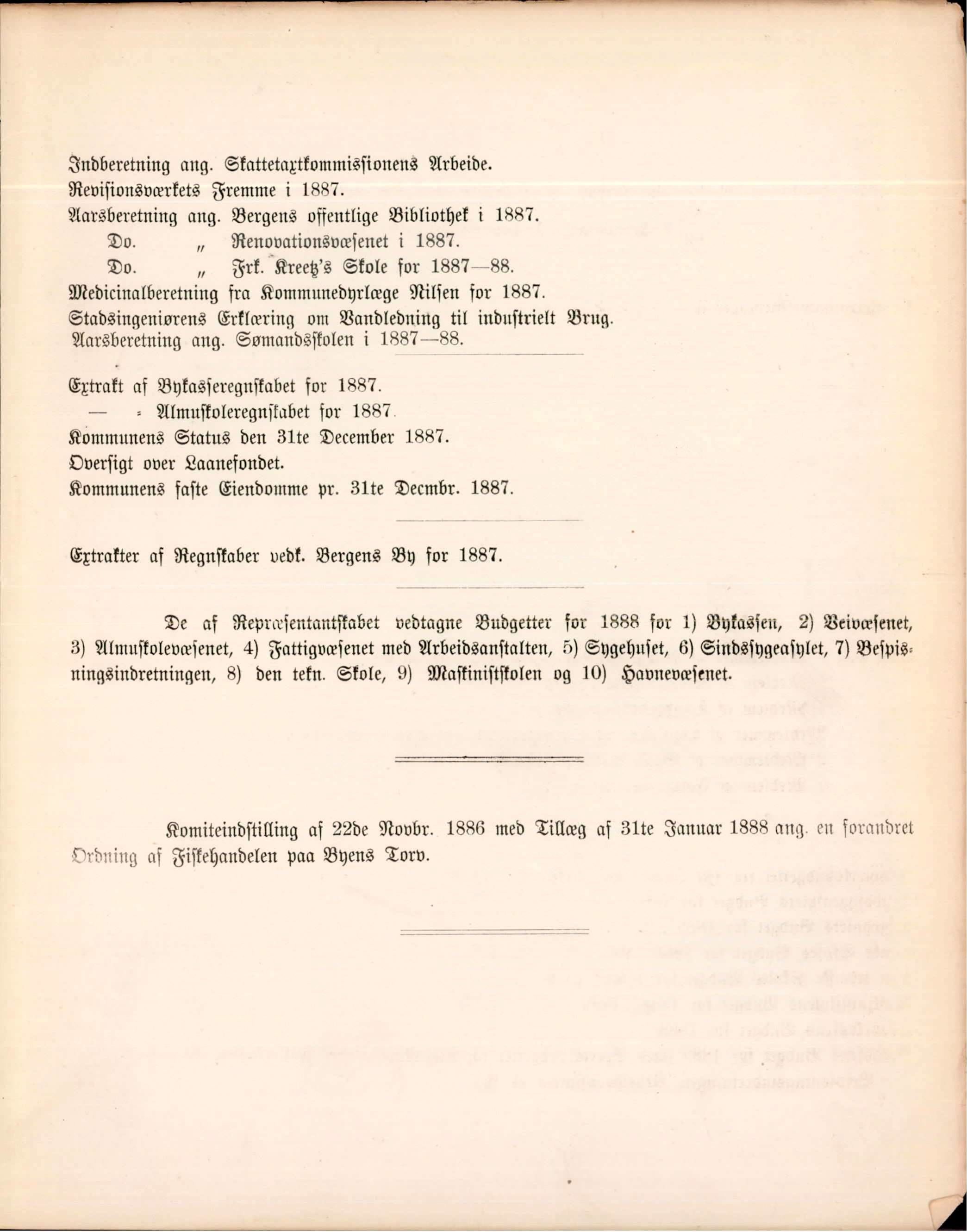 Bergen kommune. Formannskapet, BBA/A-0003/Ad/L0043: Bergens Kommuneforhandlinger, 1888