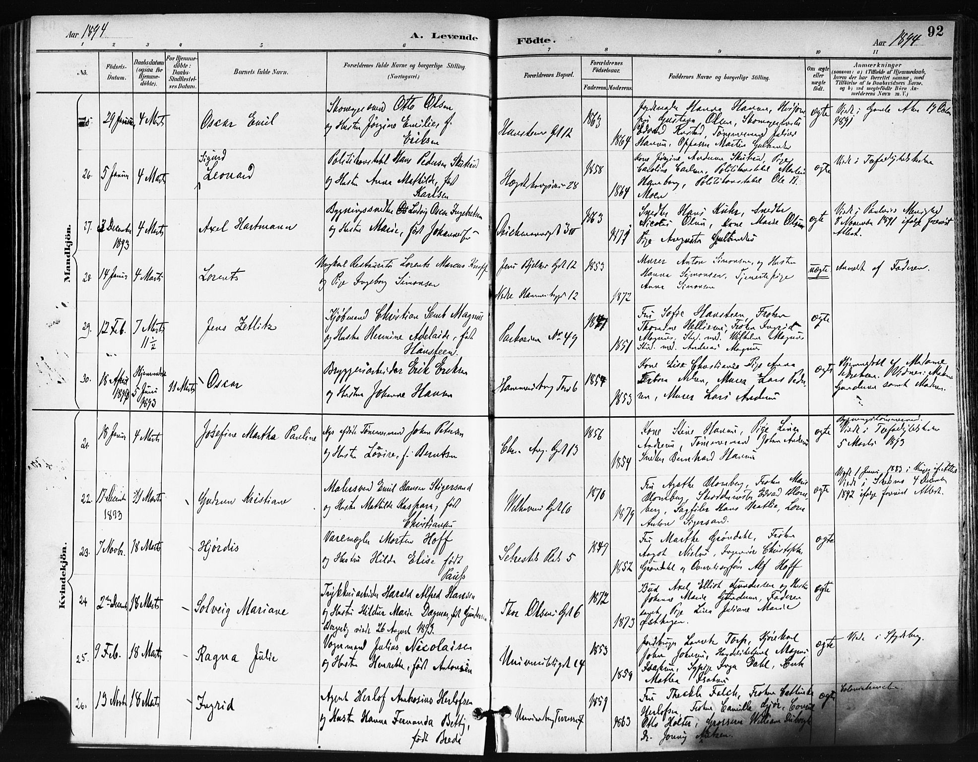 Trefoldighet prestekontor Kirkebøker, AV/SAO-A-10882/F/Fa/L0006: Parish register (official) no. I 6, 1891-1899, p. 92