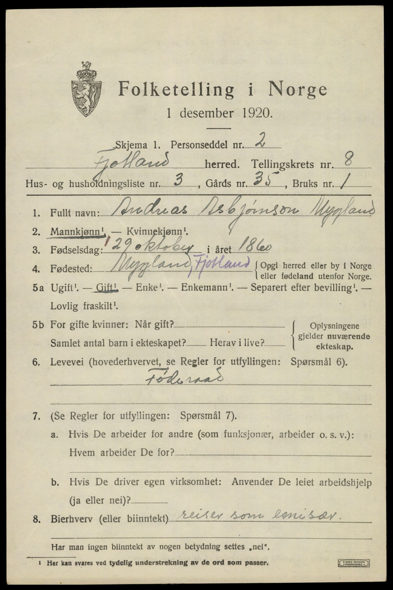 SAK, 1920 census for Fjotland, 1920, p. 2028